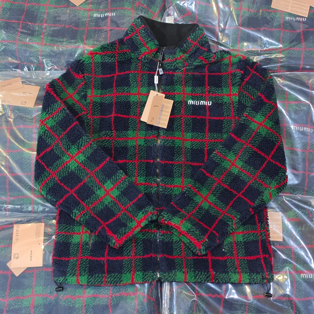 MIU MIU缪缪MM Chaqueta con cremallera de cuadros de contraste, fotos reales del lote