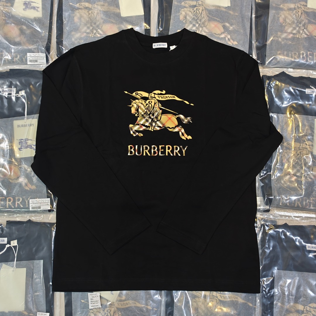 BURBERRY BBR Camiseta de manga larga con cuello de punto acanalado y caballero a cuadros Producto real