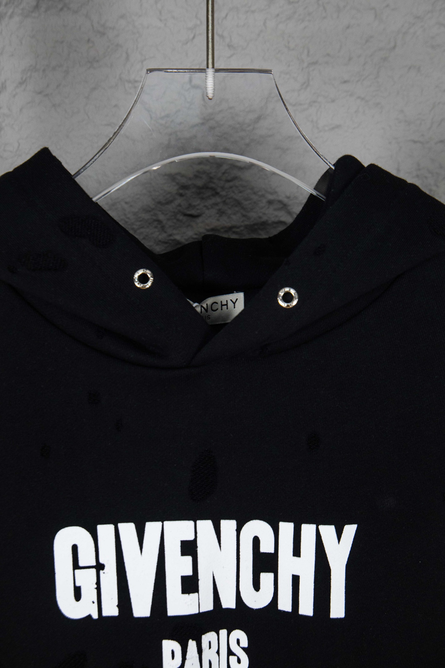 GIVENCHY/纪梵希 25ss gvc烧花字母印花大破洞连帽卫衣 蓝 白黑 黑