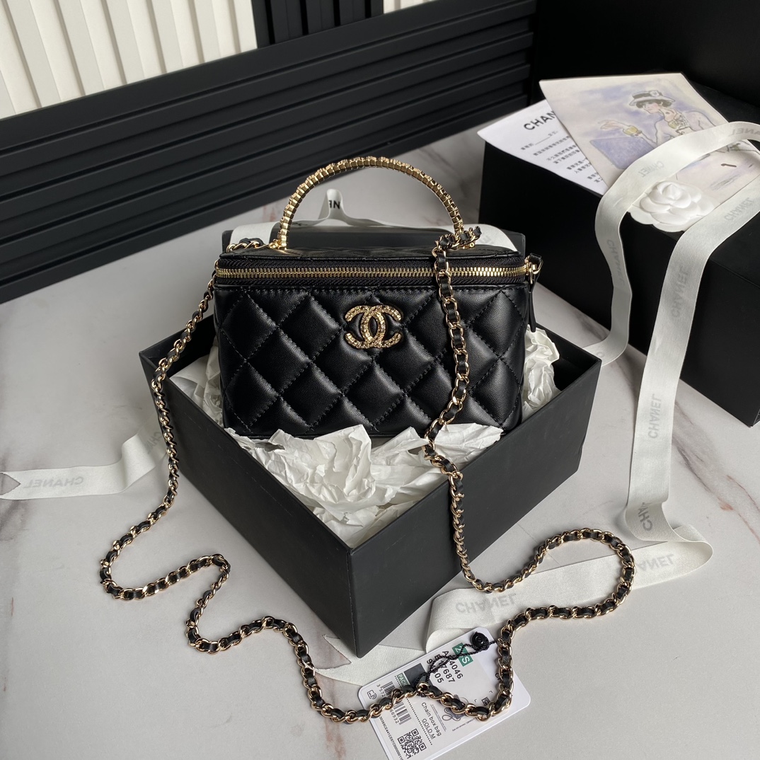 Chanel Cosmetic Bags Black Set With Diamonds Lambskin Sheepskin Chains