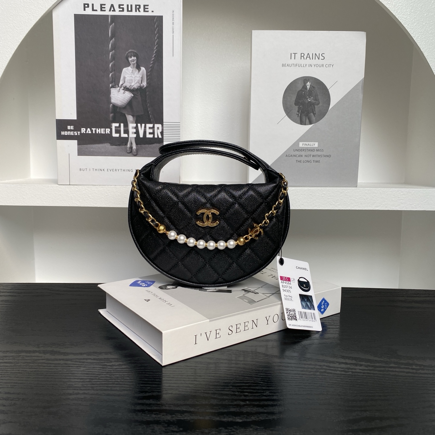Chanel Quilted Half Moon Mini Bag with Pearl Chain