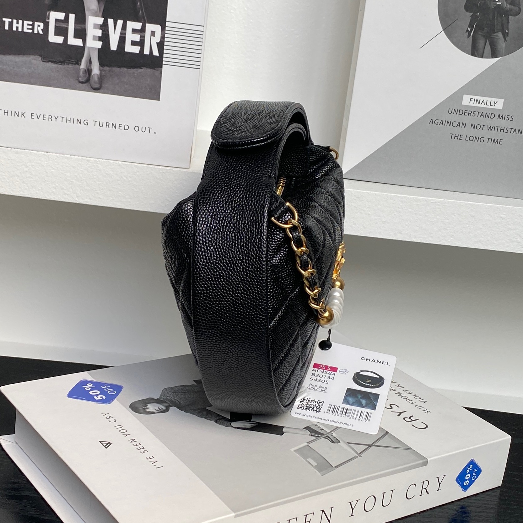 Chanel Quilted Half Moon Mini Bag with Pearl Chain