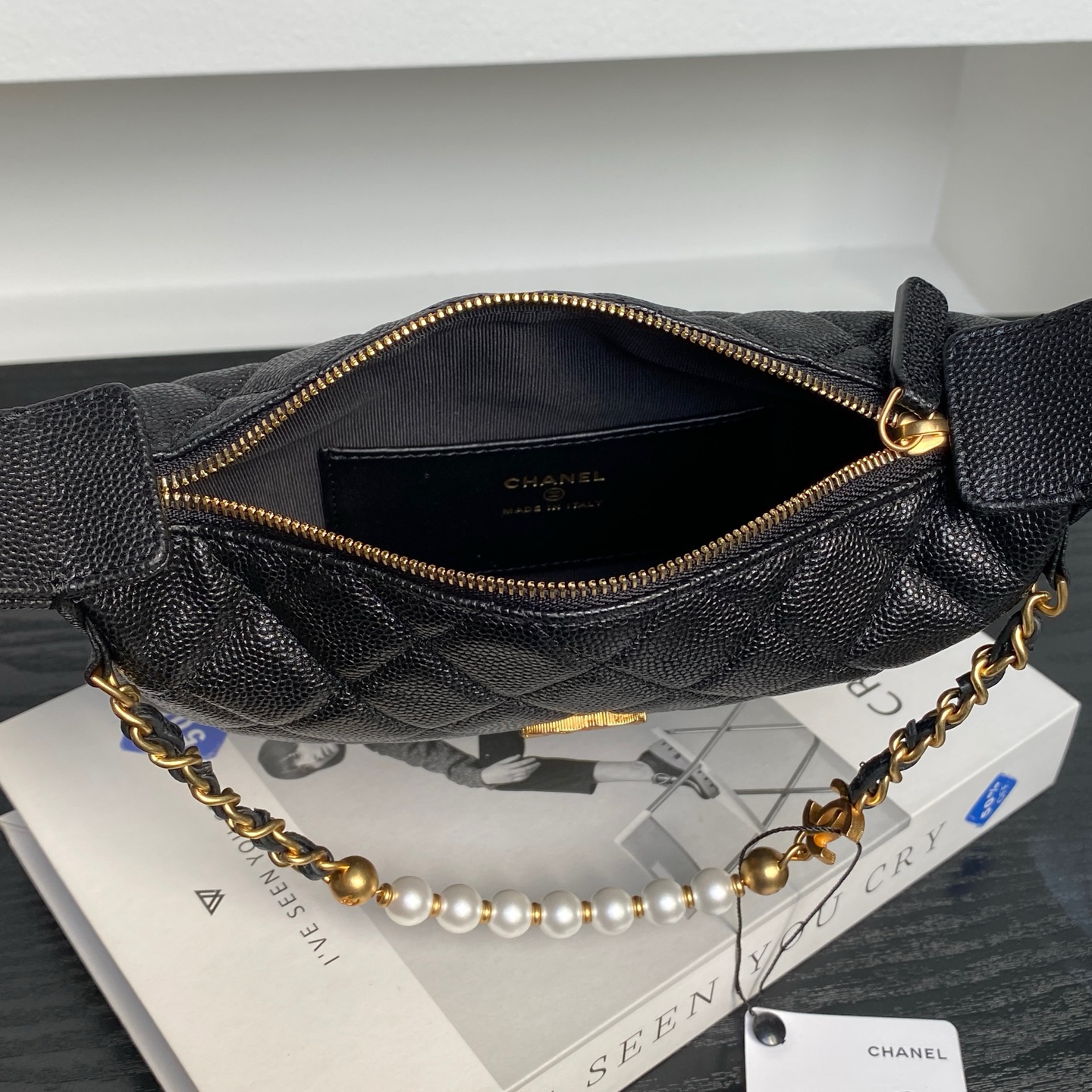 Chanel Quilted Half Moon Mini Bag with Pearl Chain