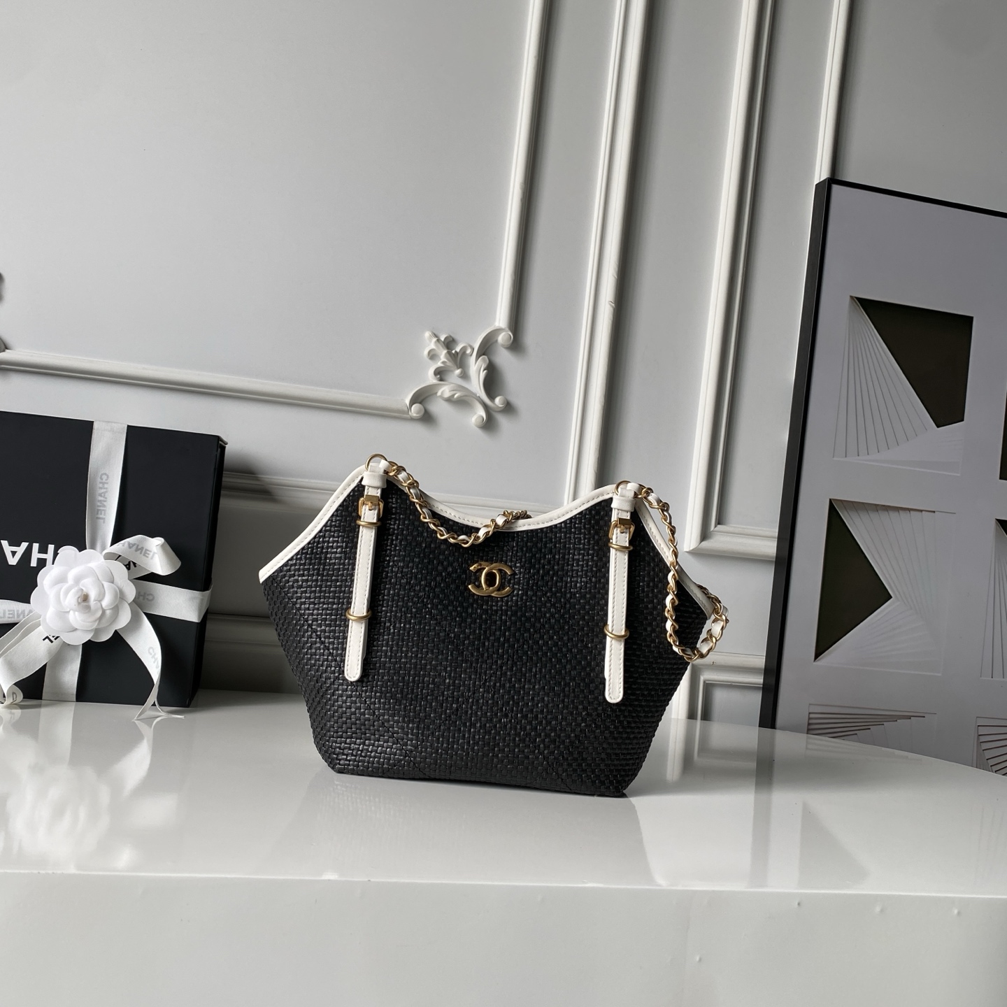 CHANEL Woven Leather Chain Tote Bag