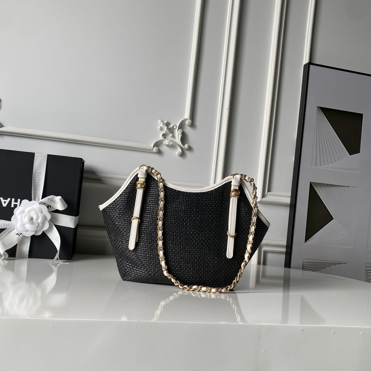 CHANEL Woven Leather Chain Tote Bag