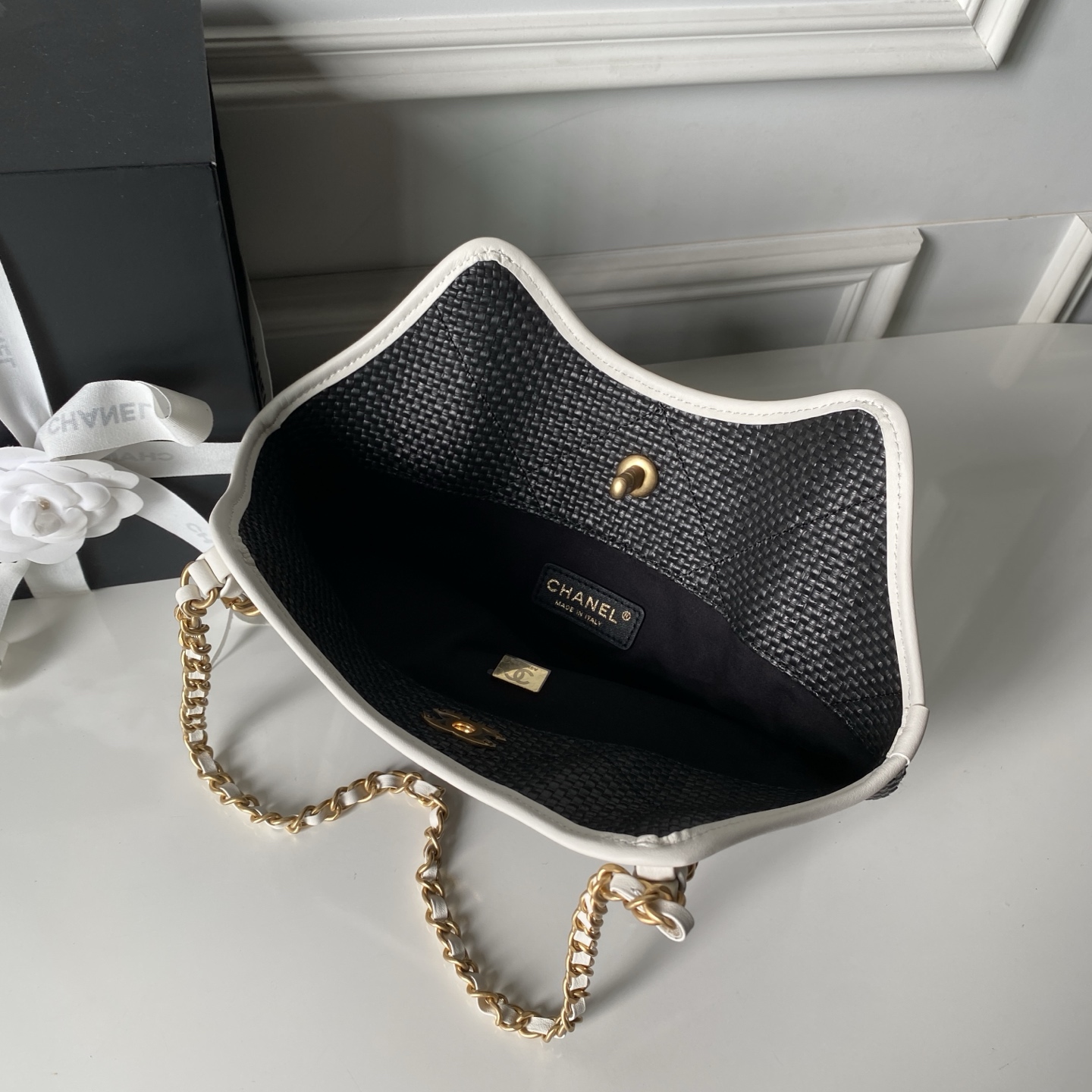 CHANEL Woven Leather Chain Tote Bag