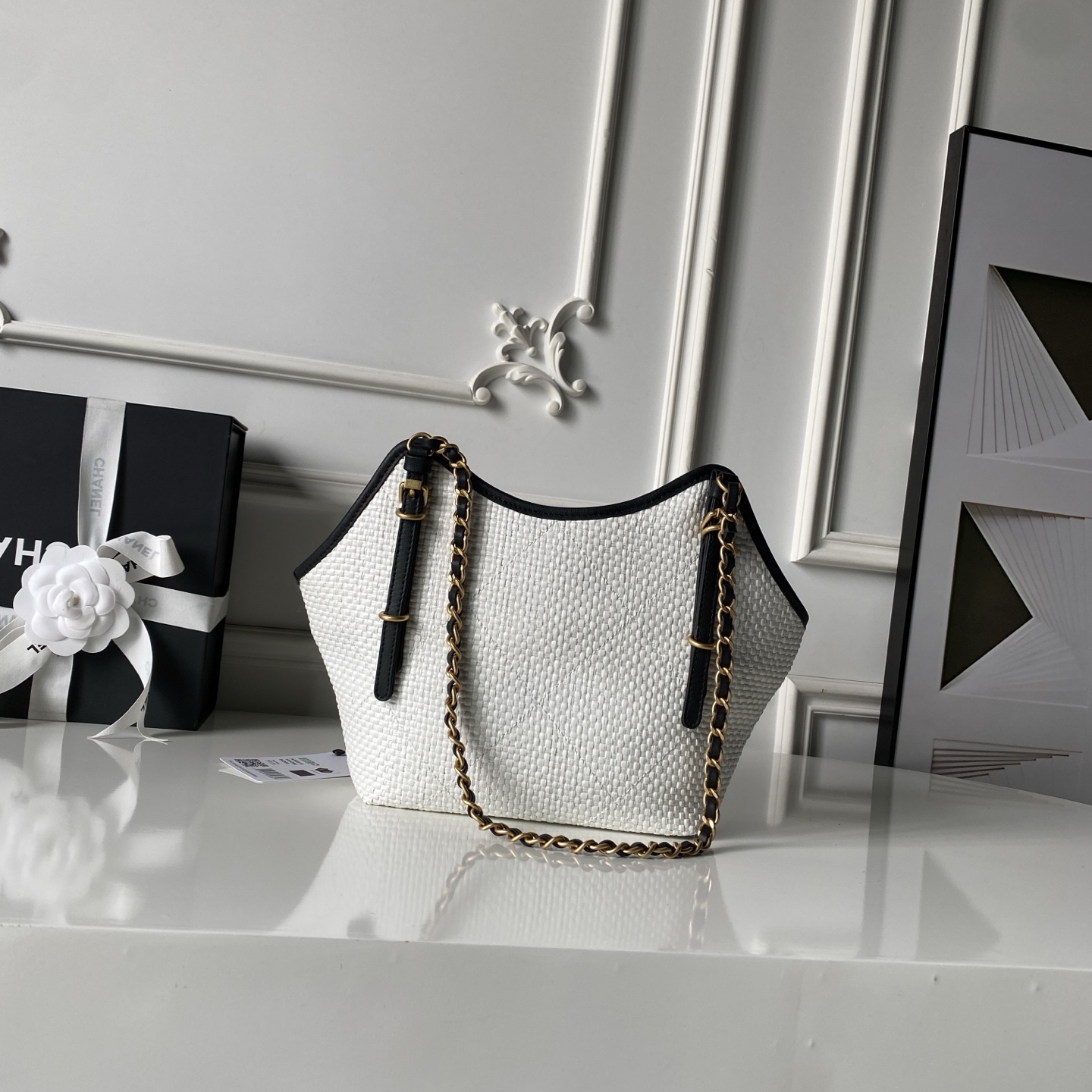 Chanel Woven Straw Leather Trim Hobo Tote Bag