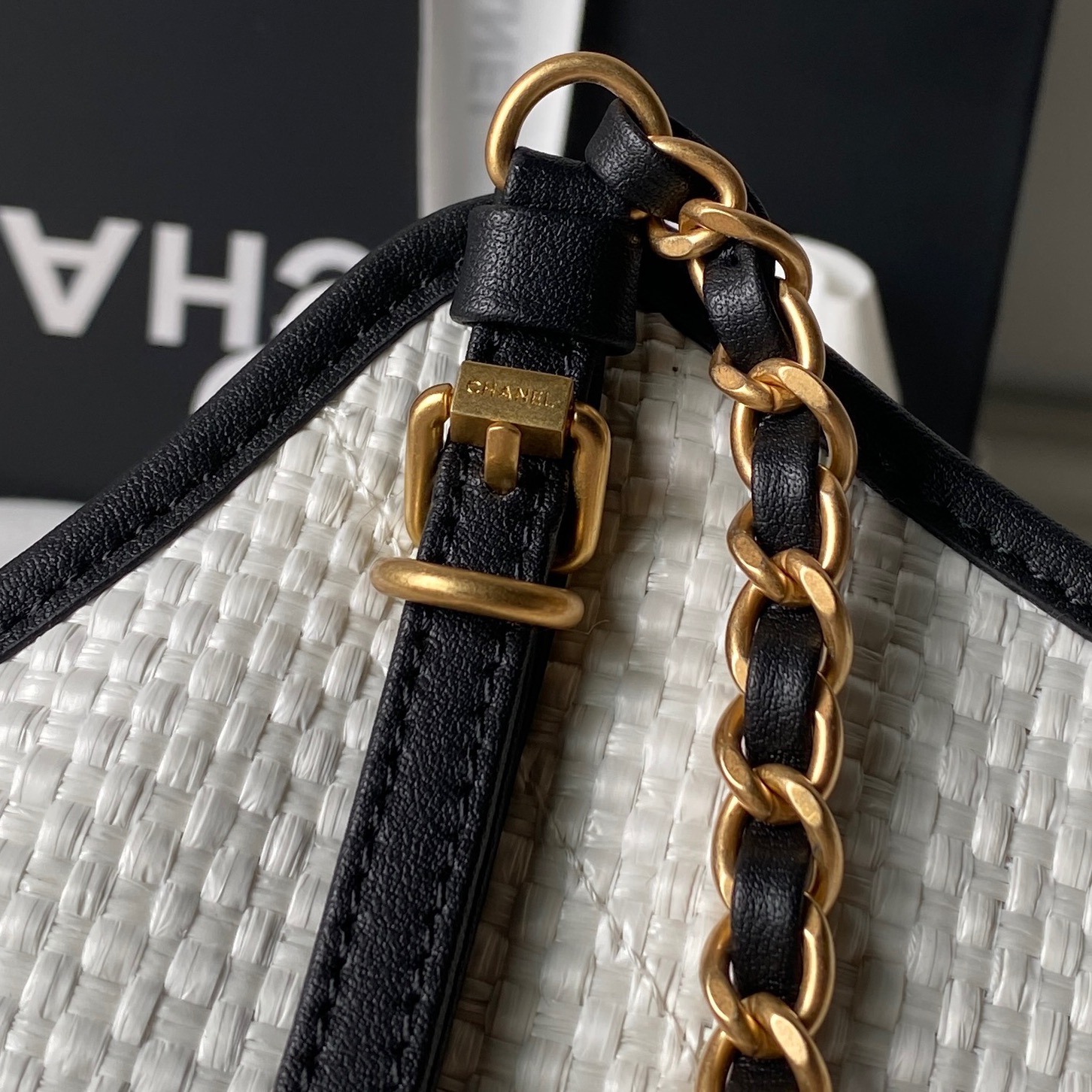 Chanel Woven Straw Leather Trim Hobo Tote Bag
