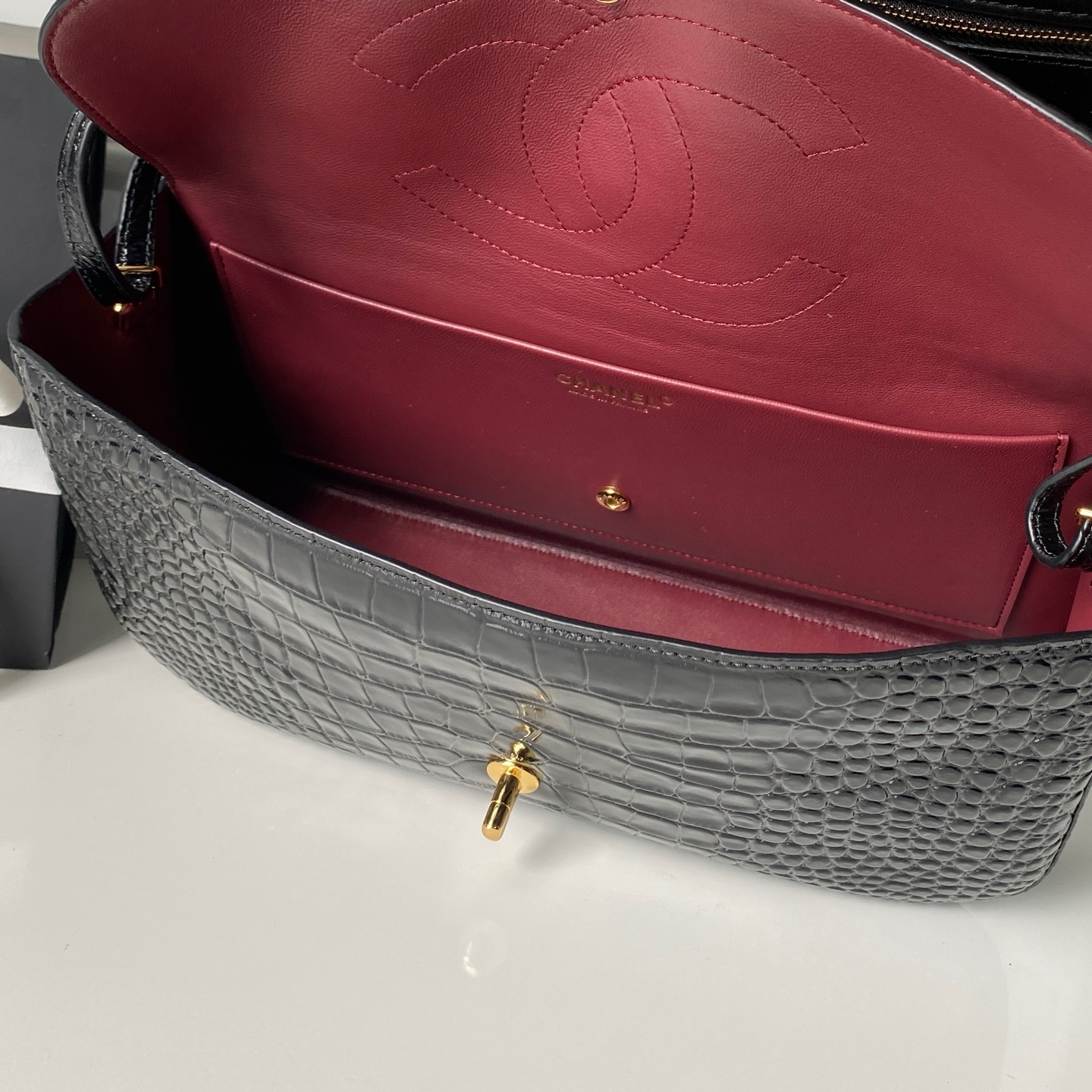 Chanel Croc Embossed Flap Baguette Bag