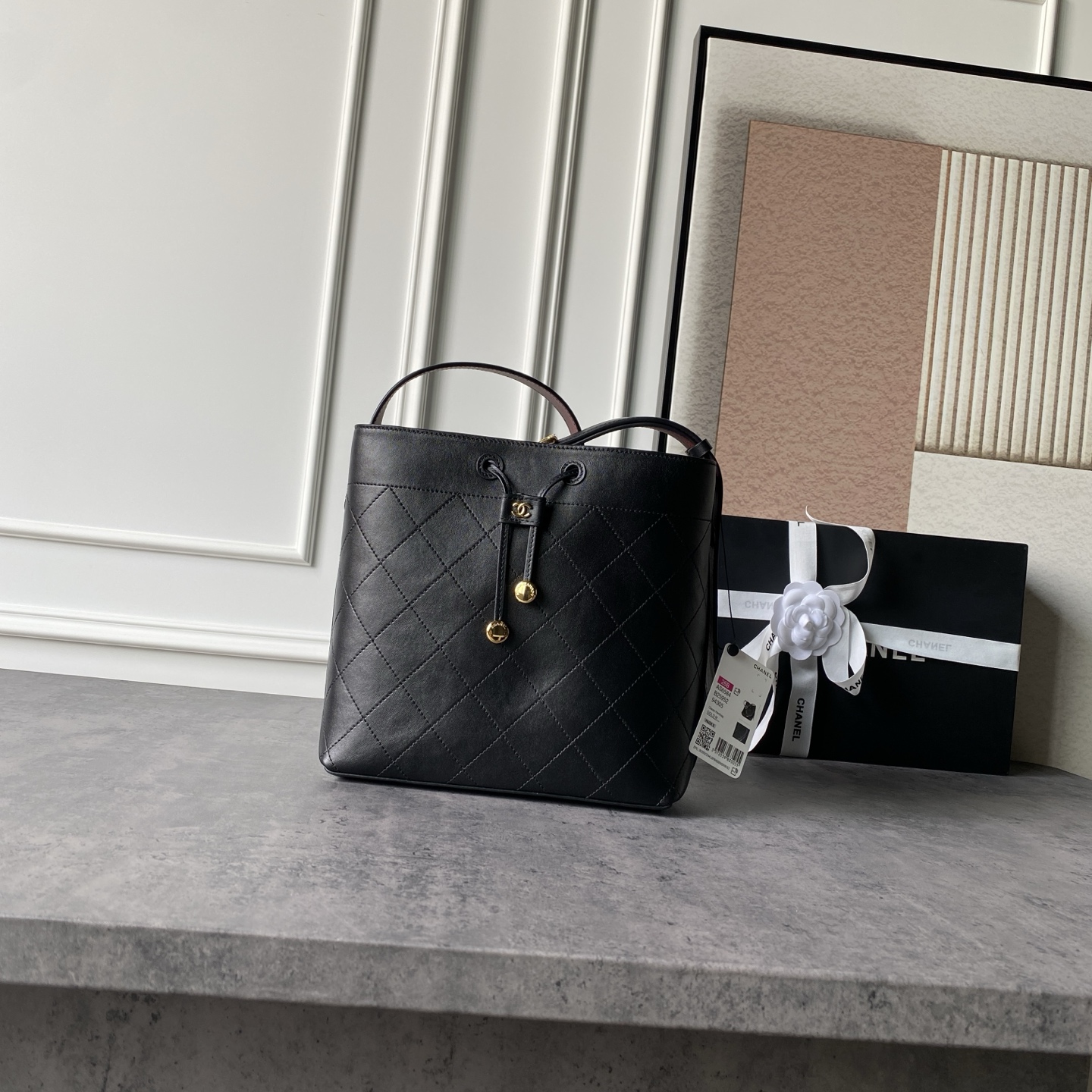 Chanel Black Quilted Drawstring Bucket Bag