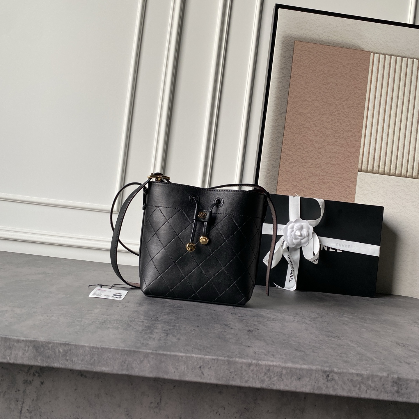 Black Quilted Drawstring Bucket Bag