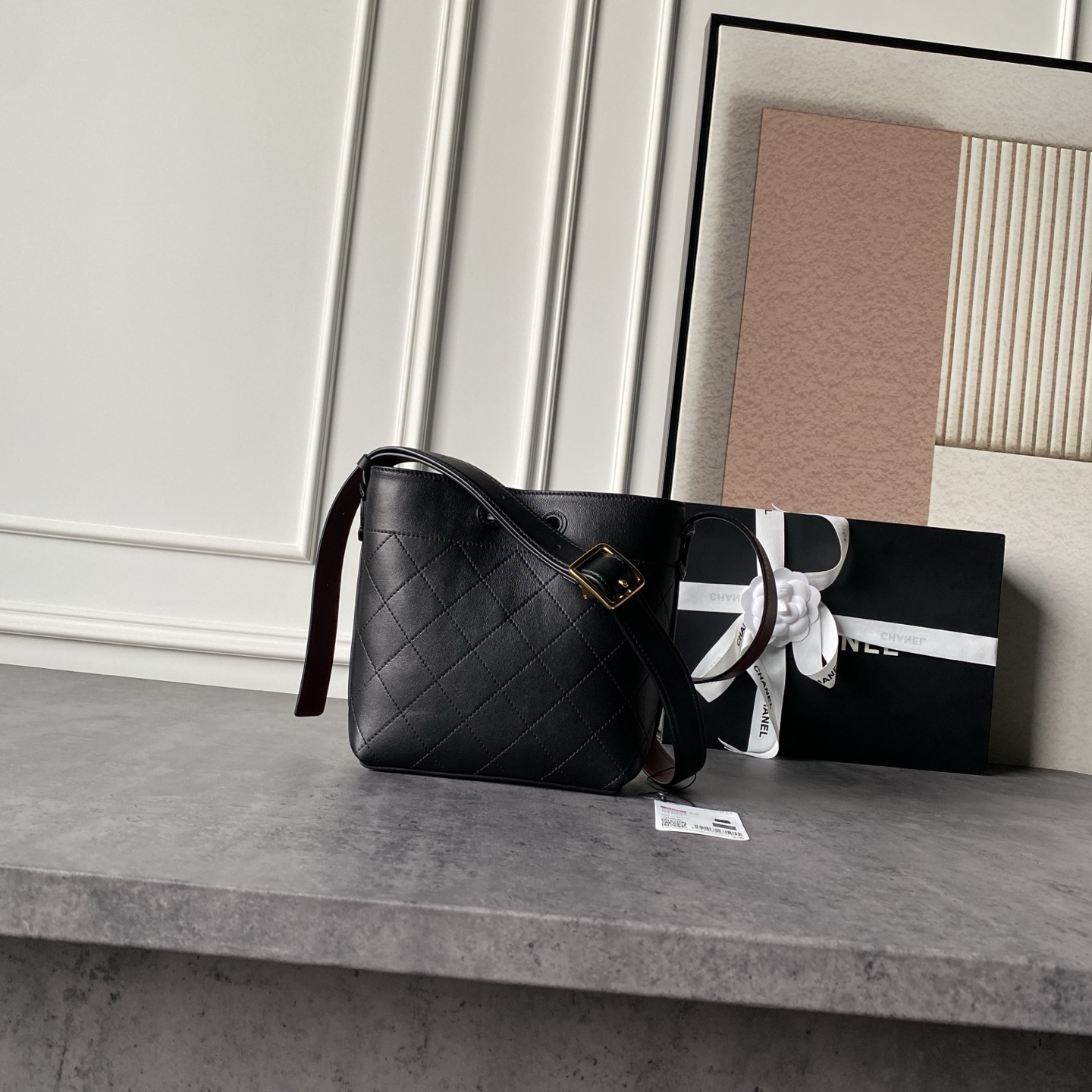 Black Quilted Drawstring Bucket Bag