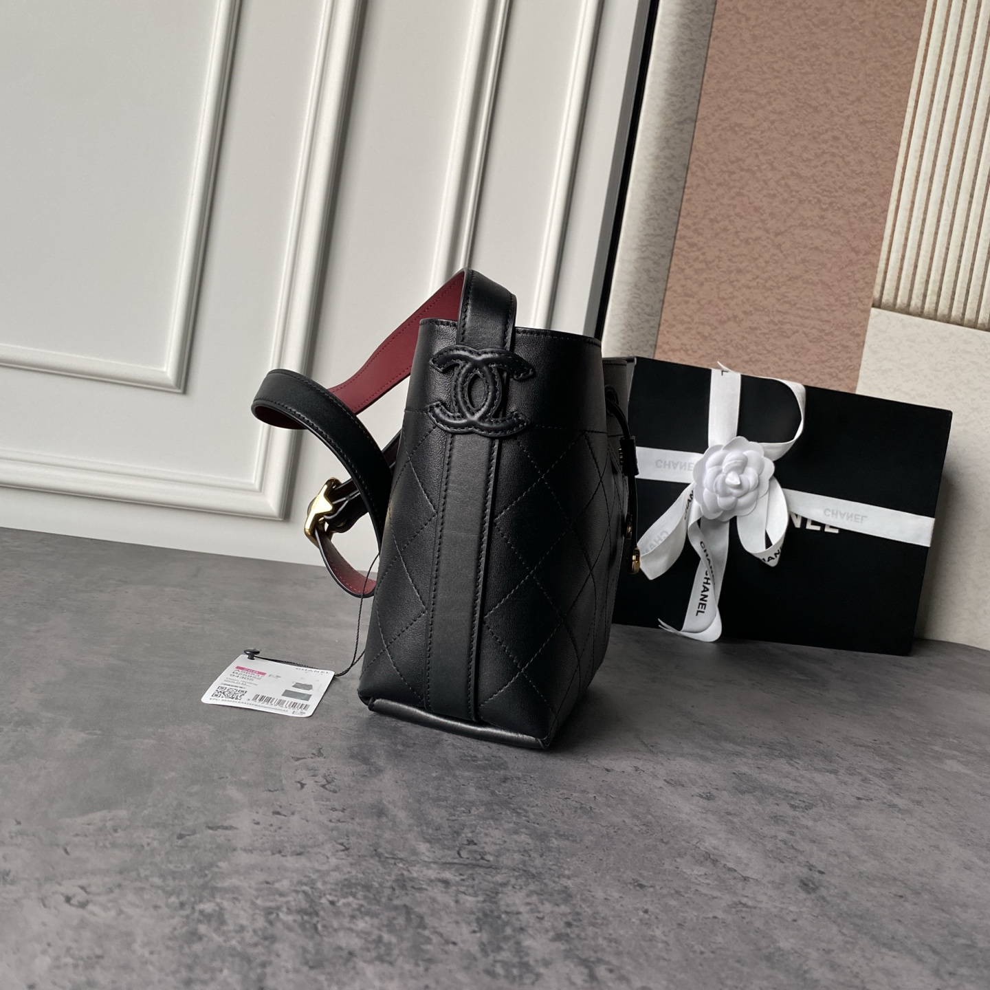 Black Quilted Drawstring Bucket Bag