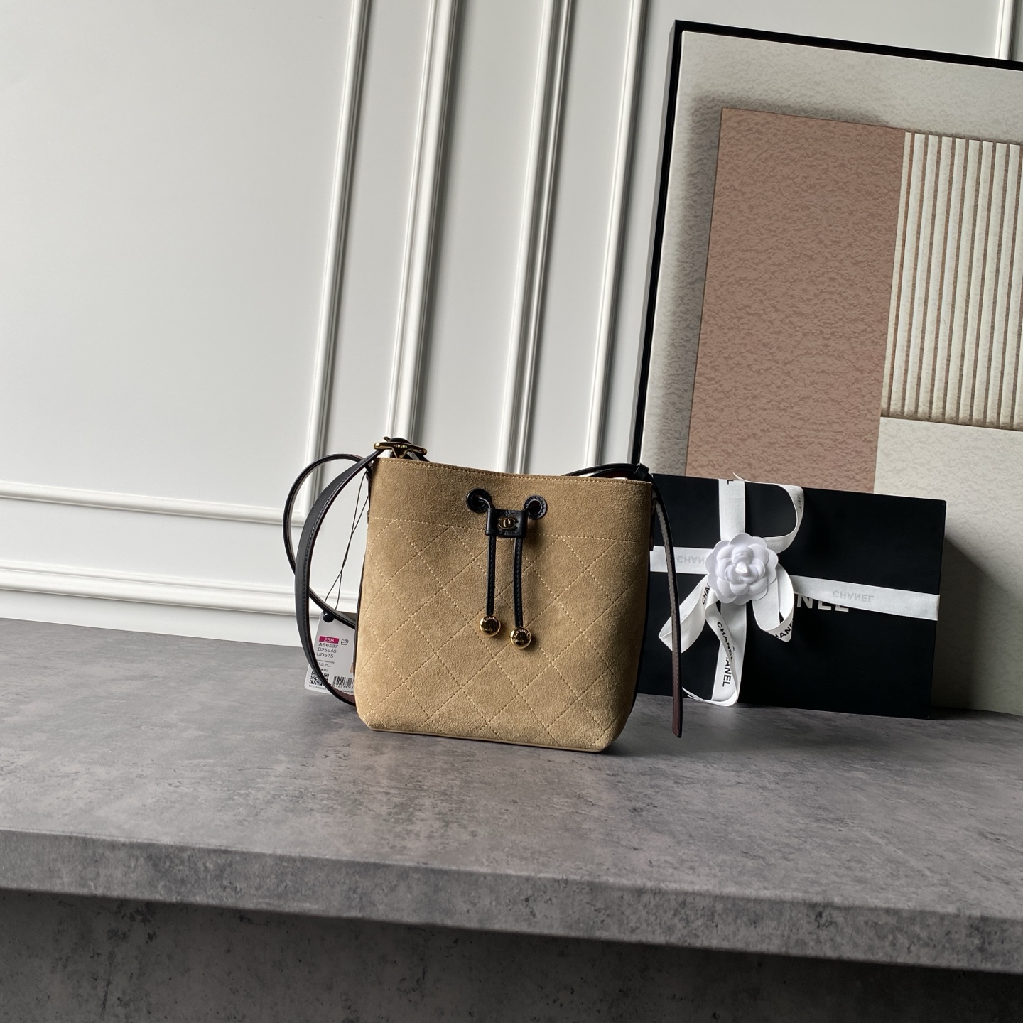 Gold-Tone Quilted Drawstring Bucket Bag