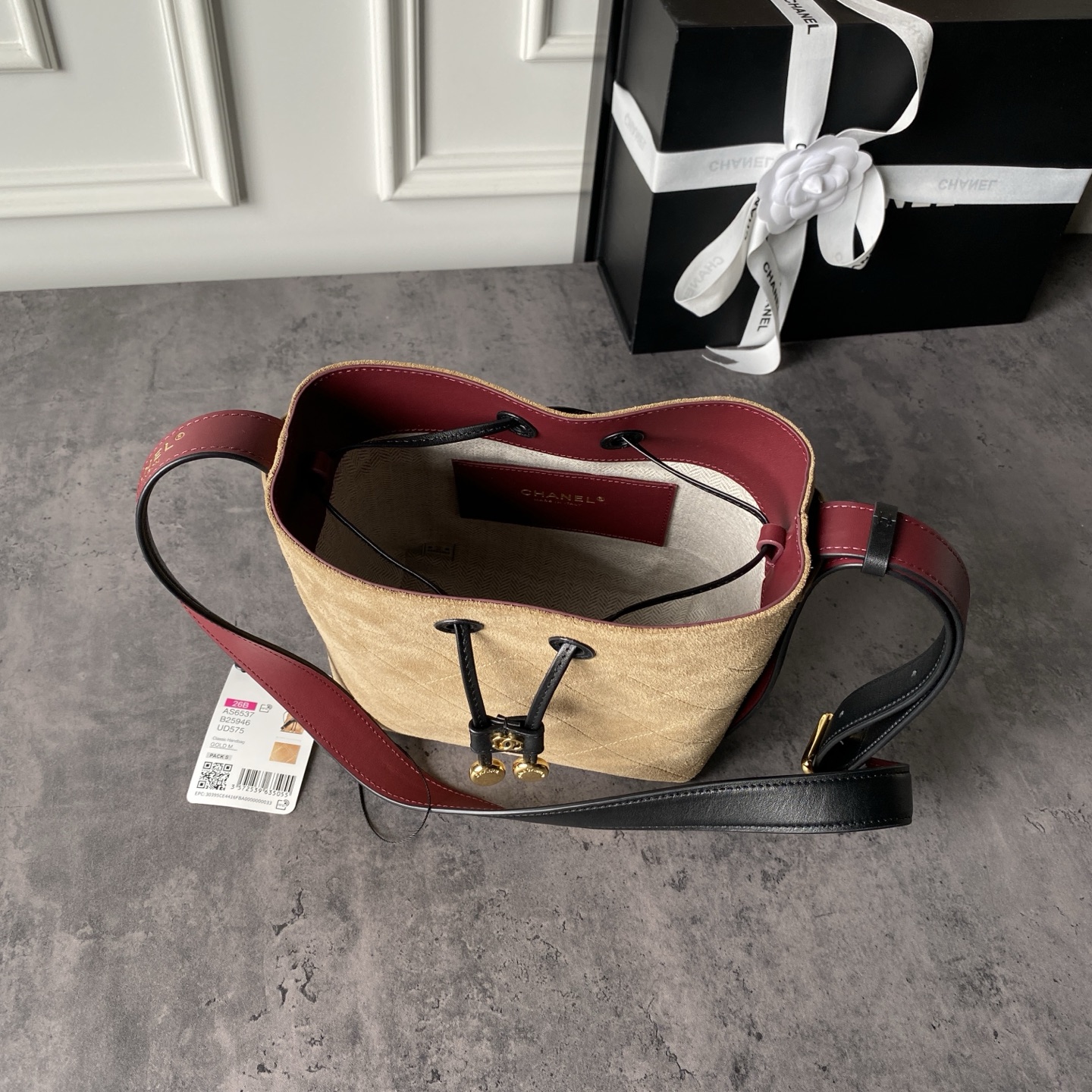 Gold-Tone Quilted Drawstring Bucket Bag