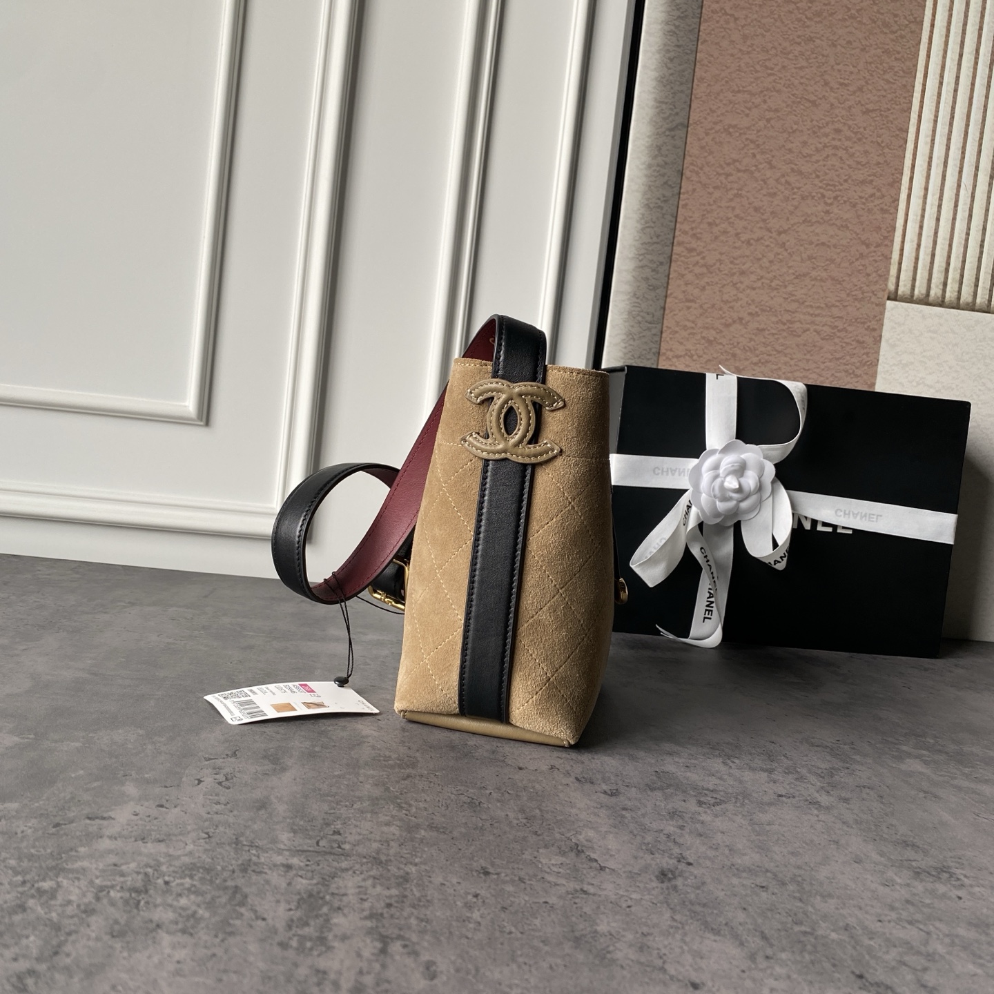 Gold-Tone Quilted Drawstring Bucket Bag