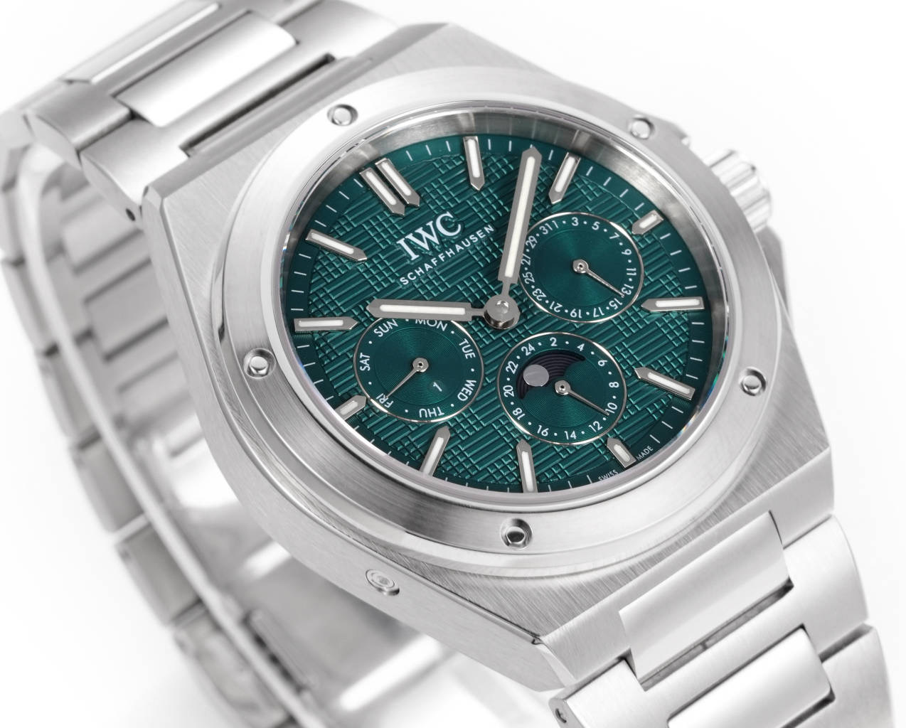 IWC Ingenieur Perpetual Calendar 41 caixa e pulseira em aço inoxidável, moldura prateada, mostrador verde 41 mm masculino automático