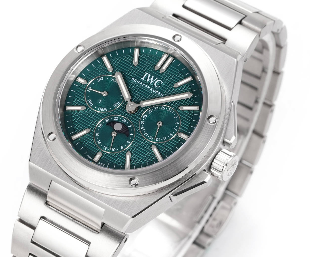 IWC Ingenieur Perpetual Calendar 41 caixa e pulseira em aço inoxidável, moldura prateada, mostrador verde 41 mm masculino automático
