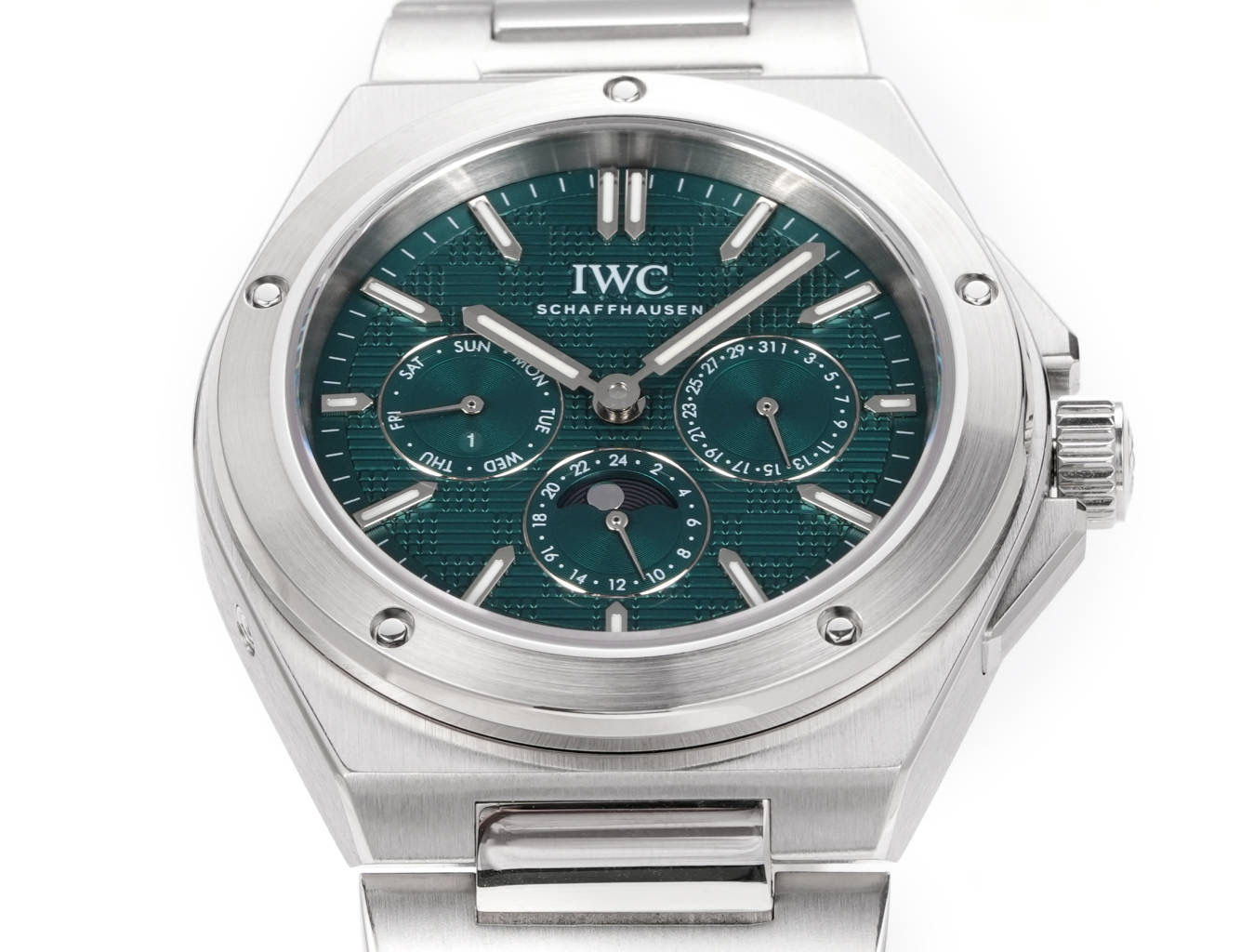 IWC Ingenieur Perpetual Calendar 41 caixa e pulseira em aço inoxidável, moldura prateada, mostrador verde 41 mm masculino automático