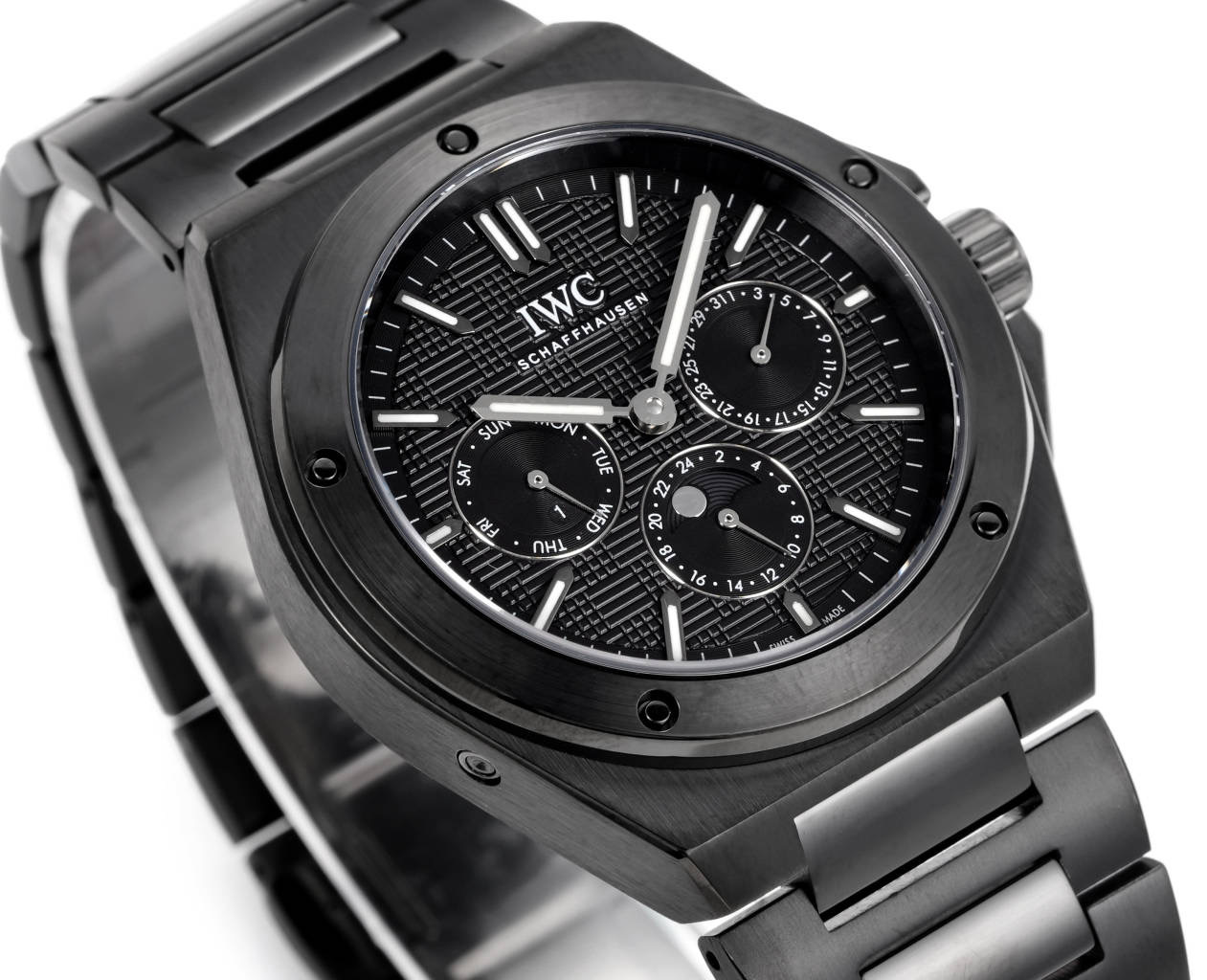 IWC Ingenieur Perpetual Calendar Digital Date-Month black case bezel dial and bracelet 46mm Men's Automatic