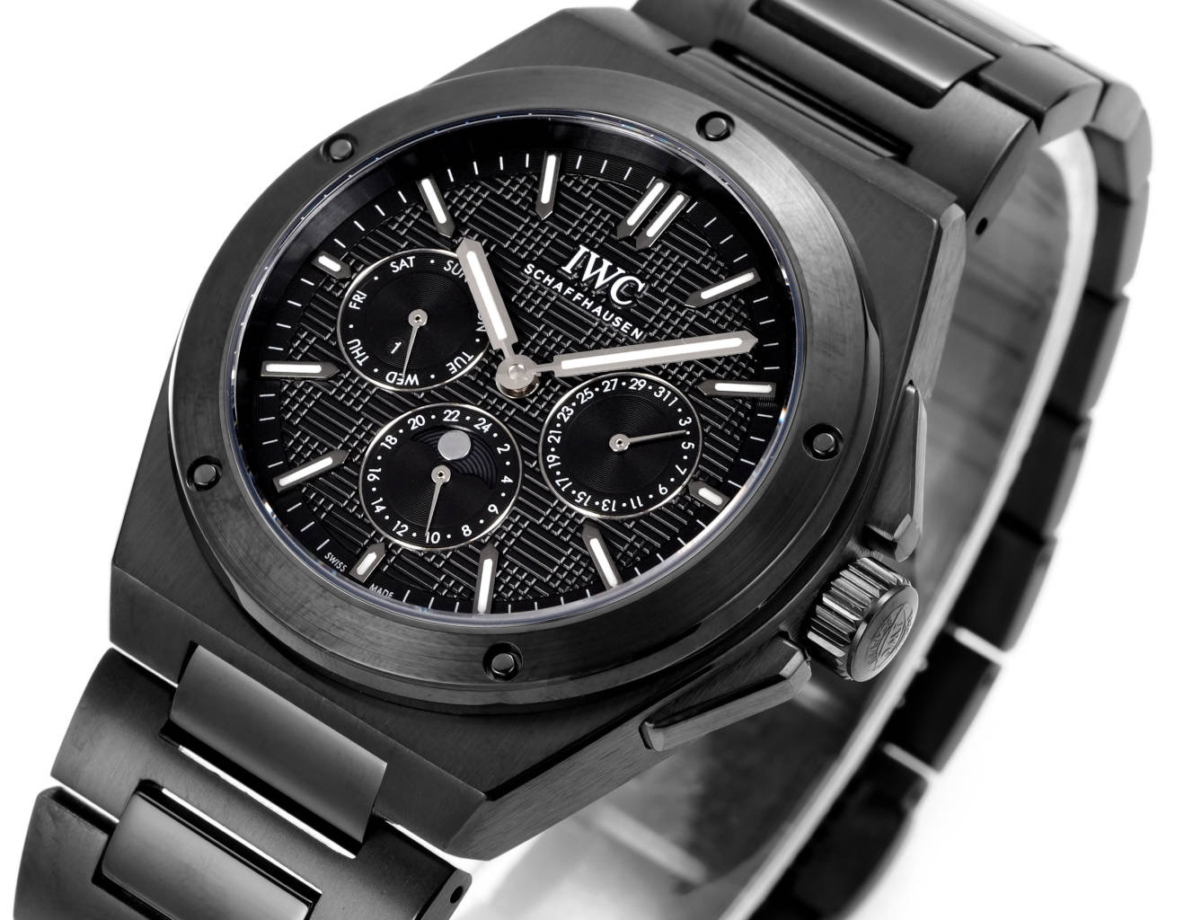 IWC Ingenieur Perpetual Calendar Digital Date-Month black case bezel dial and bracelet 46mm Men's Automatic