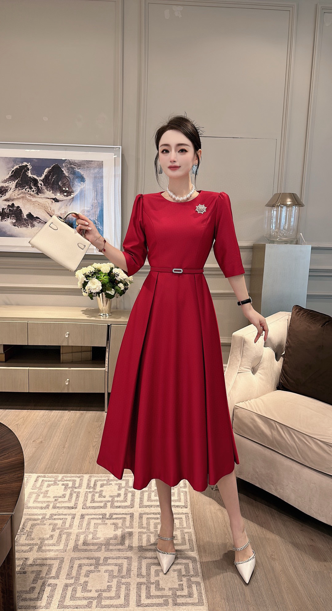 Elegant Midi Dress with Belt - Perfect for Parties, Cocktail, and Special Events