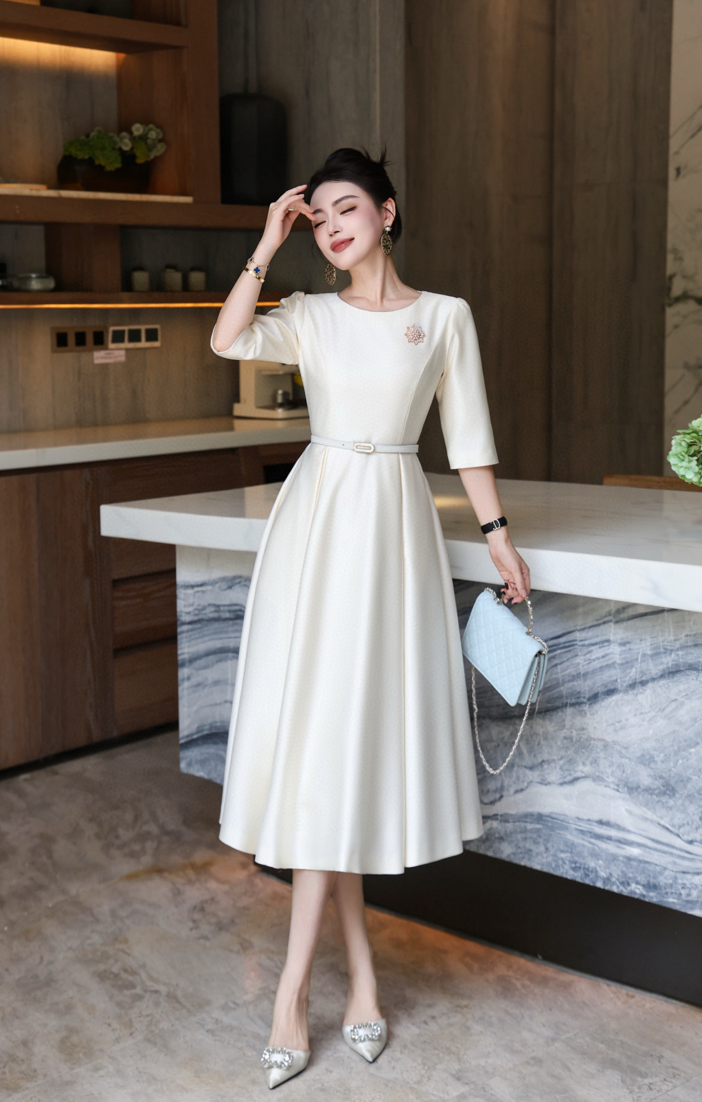 Elegant Midi Dress with Belt - Versatile for Parties & Special Occasions