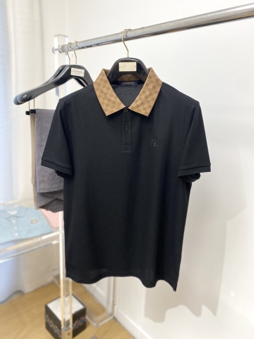 Louis Vuitton Men's Black Cotton Polo Shirt with Checkered Collar 1 Louis Vuitton Men's Black Cotton Polo Shirt with Checkered Collar