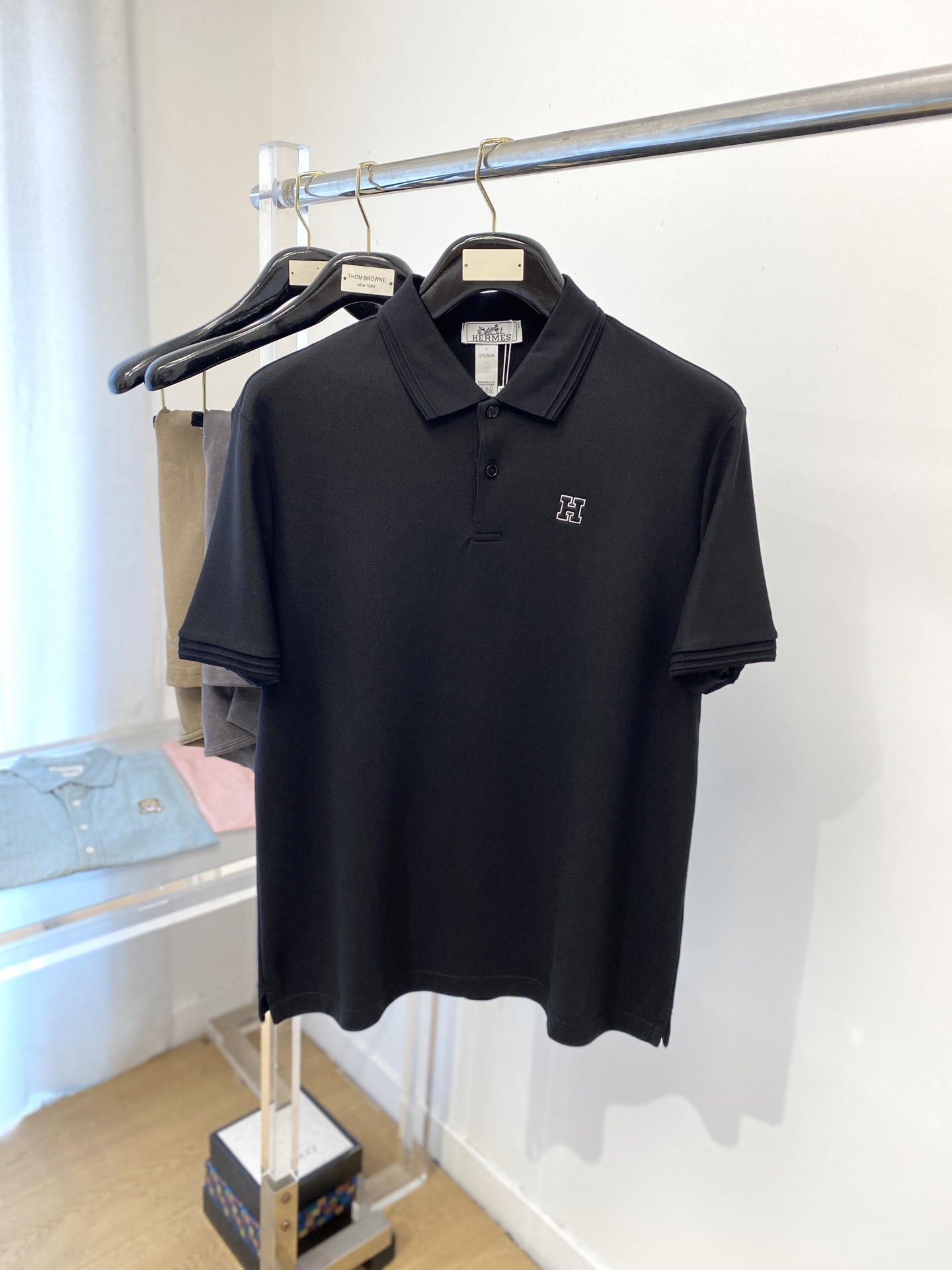 Hermes Men's Black Short Sleeve Polo Shirt with Embroidered Logo