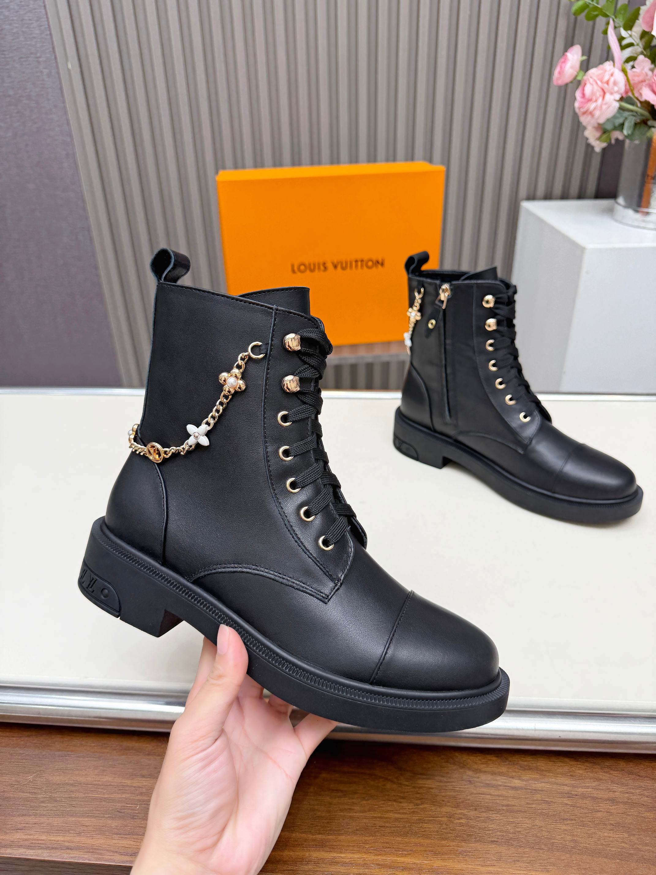 Louis Vuitton Black Chain Lace-Up Boots