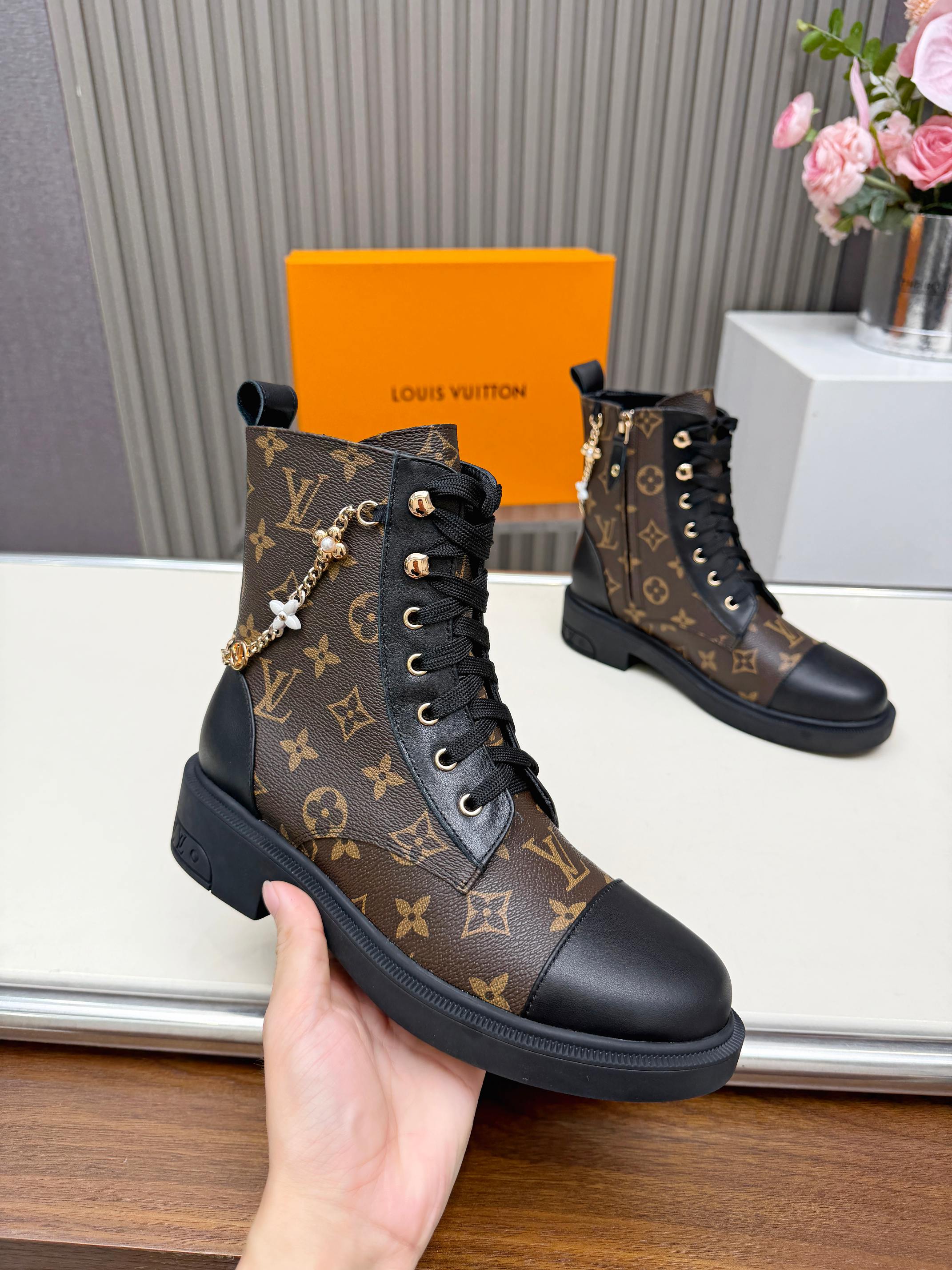 Louis Vuitton Brown Monogram Lace-Up Boots