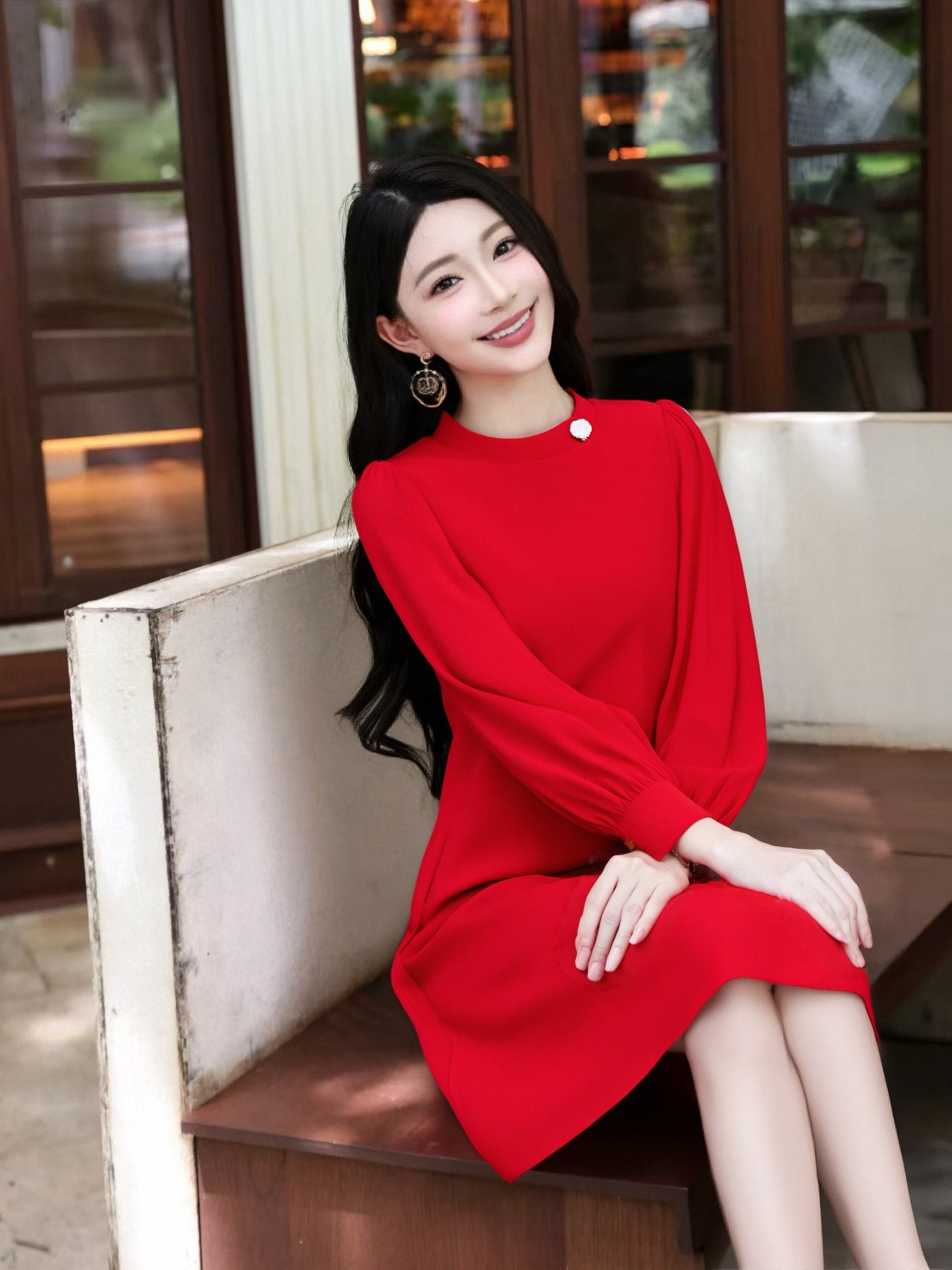 Valentino Inspired Red Dress, Elegant Long Sleeve A-Line Dress for Women
