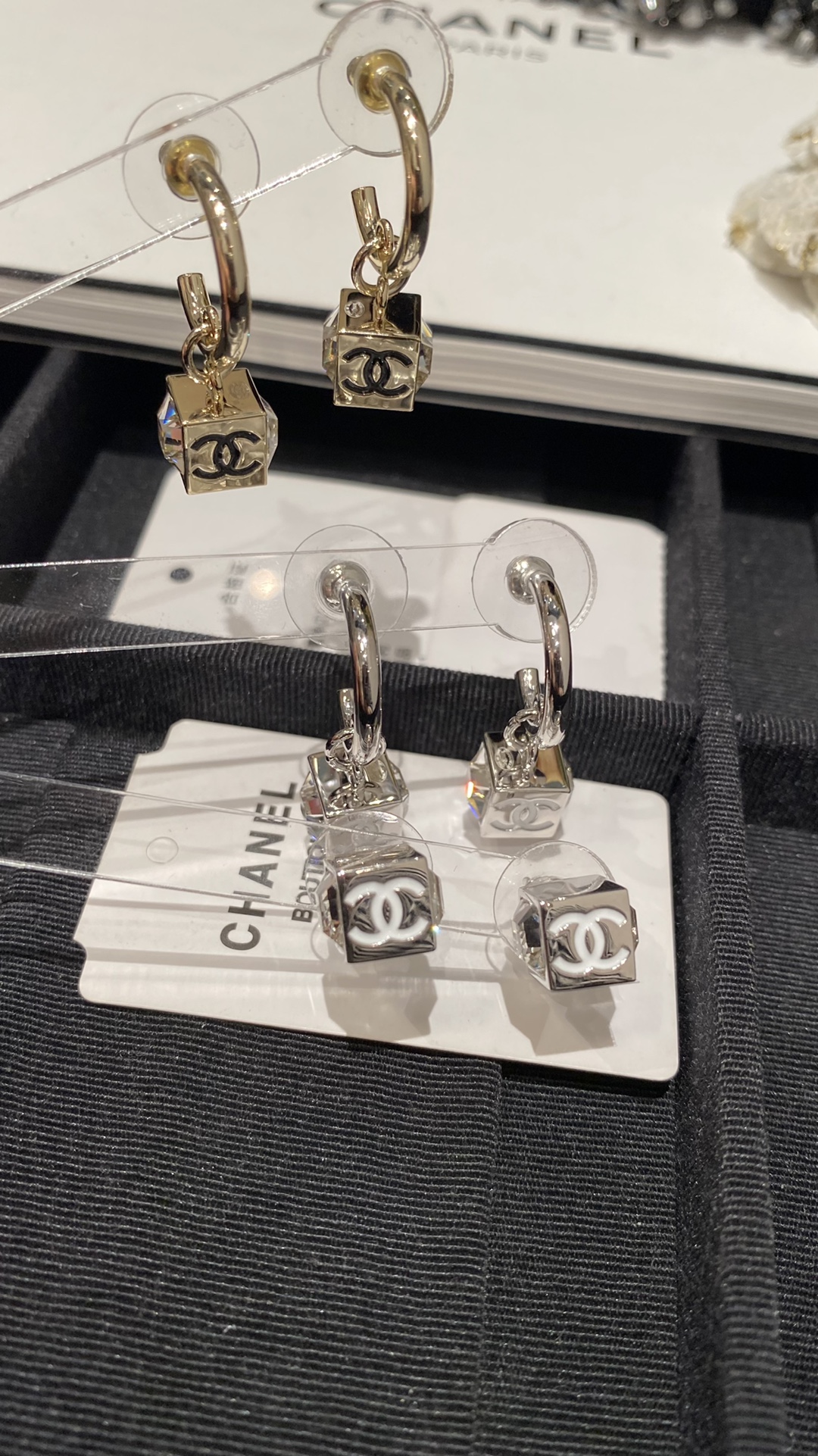 CHANEL Earrings Enamel Rhinestone Square Ear Hook