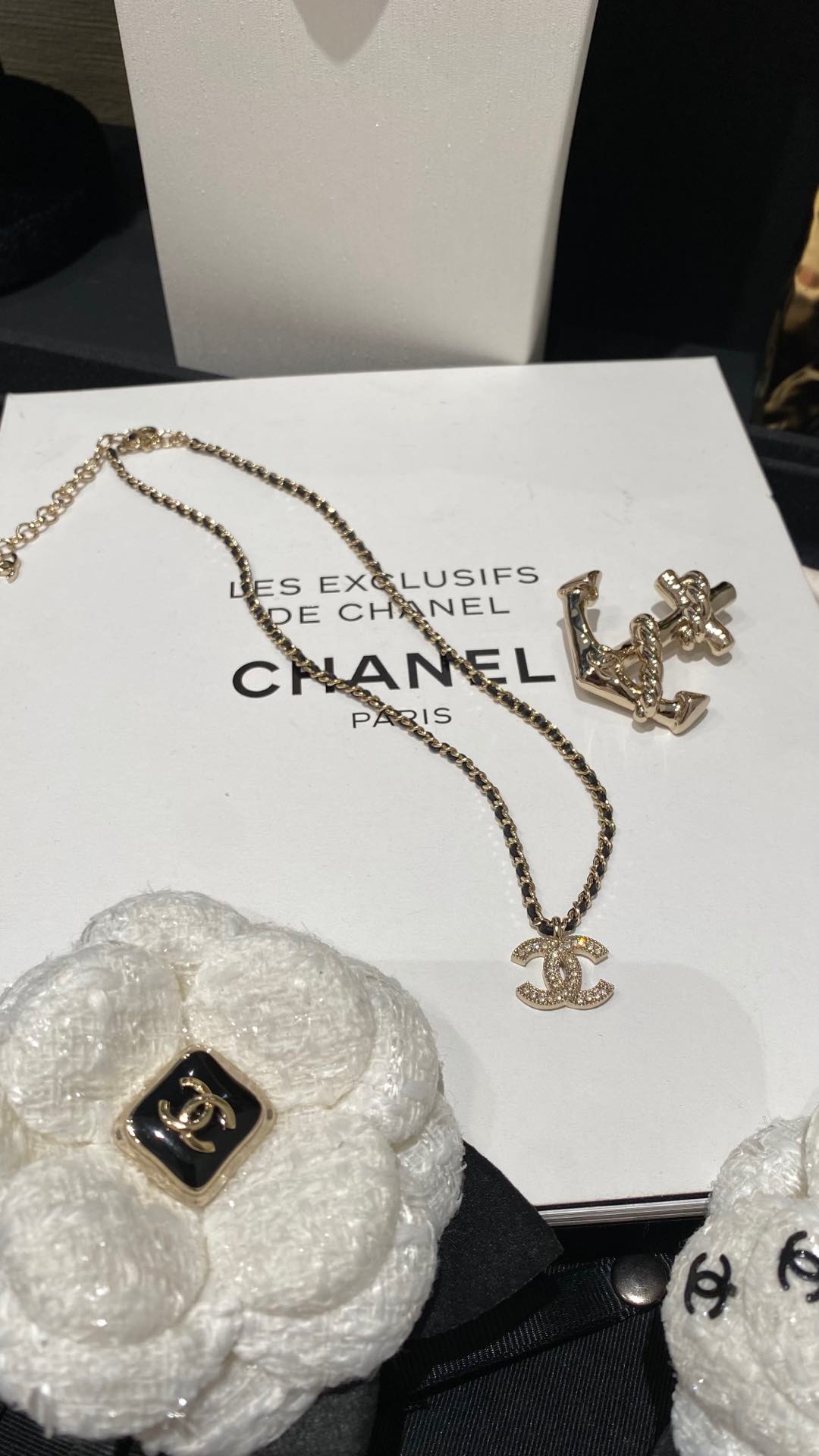 Chanel choker 浅金色皮穿链满钻双c短款项链 3