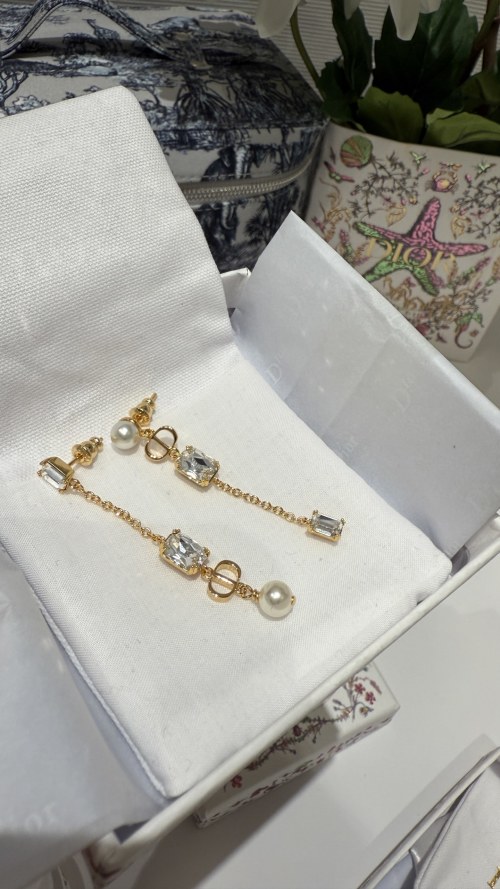 Dior AB Style Gold Earrings with Square Diamond, Pearl and CD Tassel 1 Dior AB Style Gold Earrings with Square Diamond, Pearl and CD Tassel