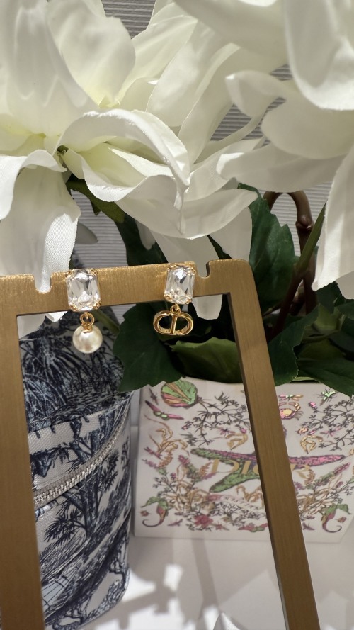 Dior Asymmetrical CD Pearl Earrings with Square Diamond, Gold Finish 1 Dior Asymmetrical CD Pearl Earrings with Square Diamond, Gold Finish