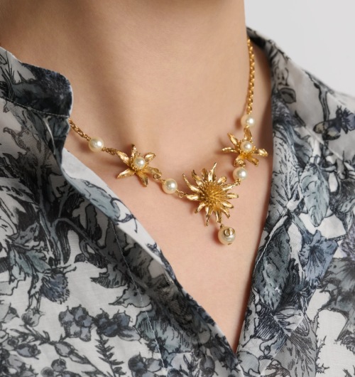 Dior Gold Daisy Pearl CD Charm Necklace, Sunflower Pendant Vintage Design 1 Dior Gold Daisy Pearl CD Charm Necklace, Sunflower Pendant Vintage Design
