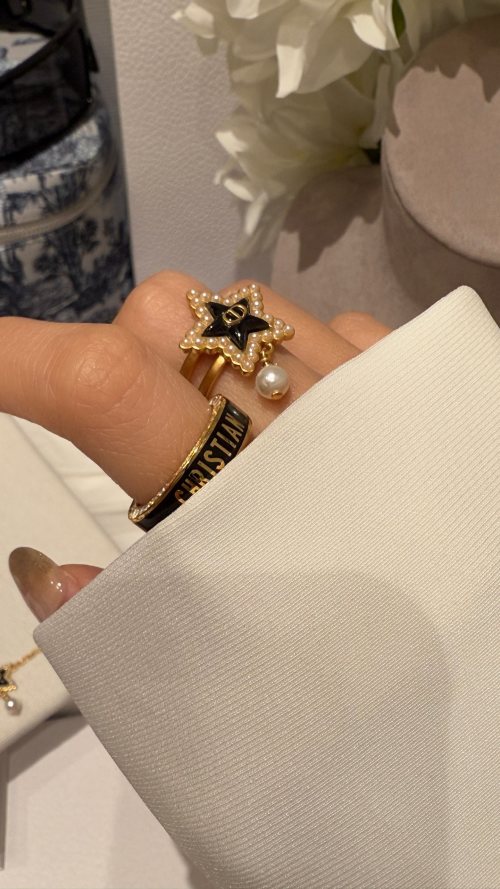 Dior Blue Star CD Letter Pearl Hollow Gold Ring - Chic and Elegant 1 Dior Blue Star CD Letter Pearl Hollow Gold Ring - Chic and Elegant