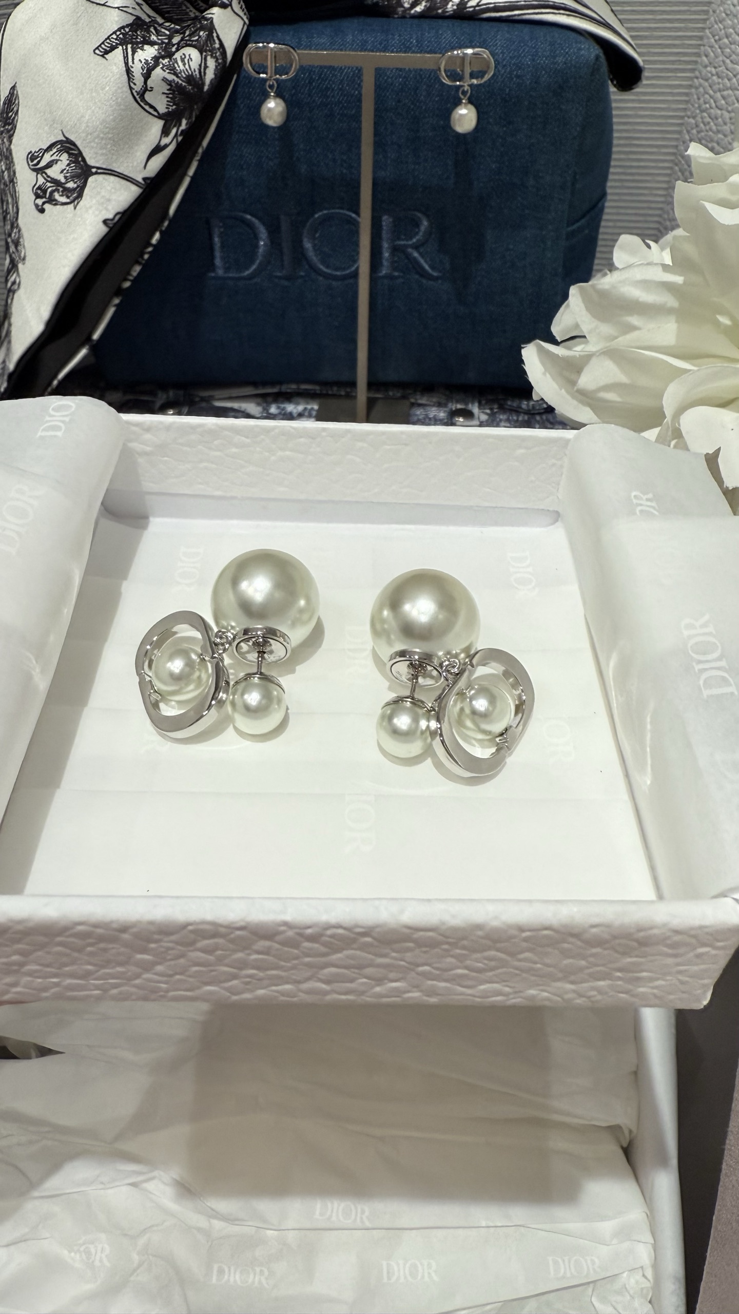 Dior Tribales Boucles d'Oreilles avec Perles et Détails CD en Métal Finition Argentée