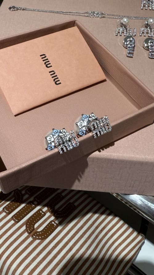 Miu Miu Crystal Logo Earrings with Pearl Accents in Silver Tone 1 Miu Miu Crystal Logo Earrings with Pearl Accents in Silver Tone