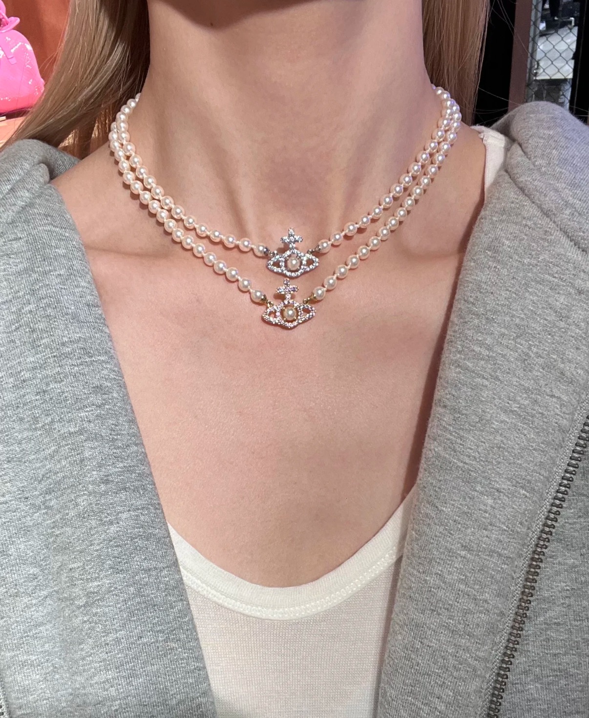 비비안웨스트우드 골드 핑크 크리스탈 펄 목걸이 64952 이미지 8