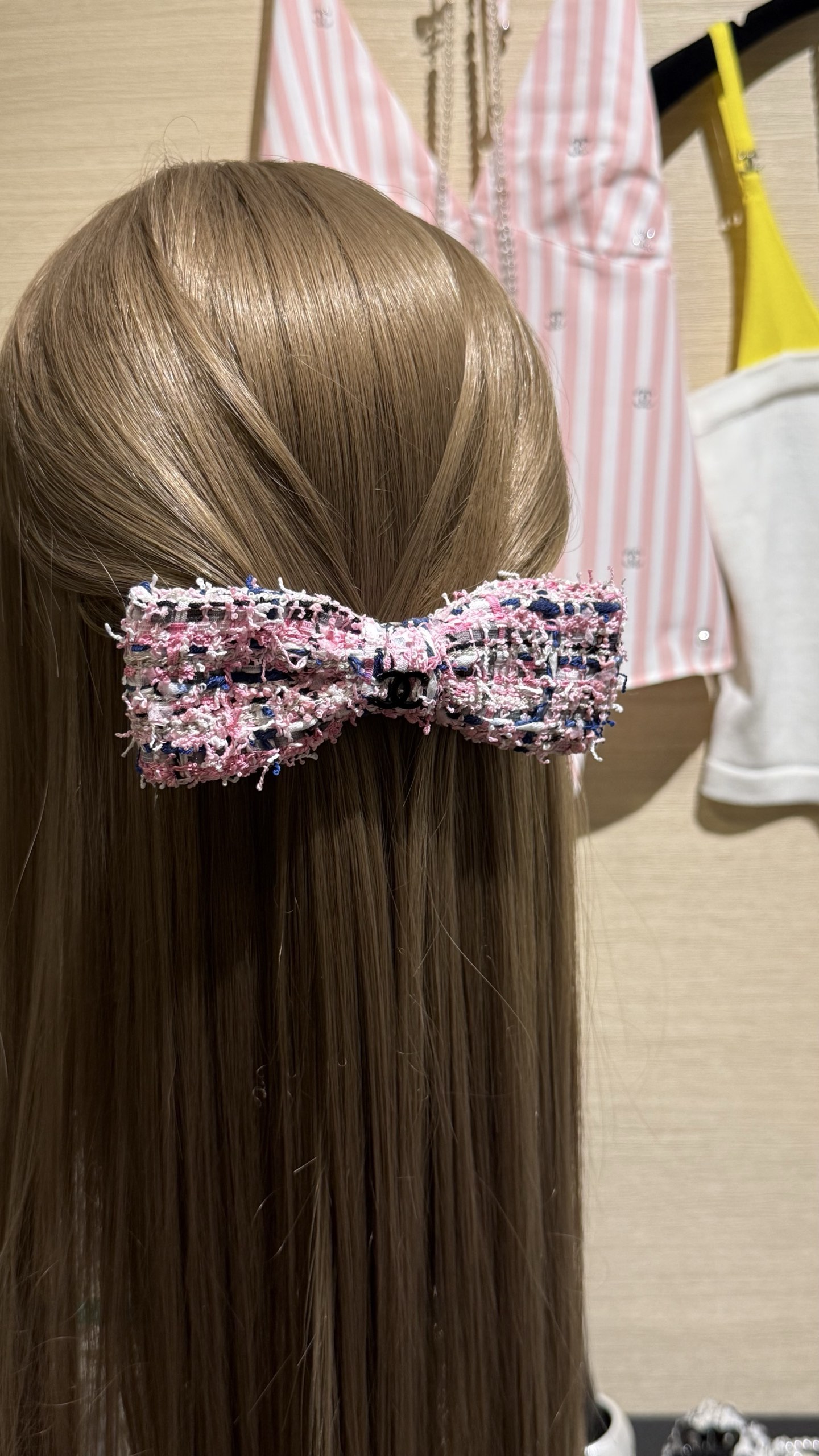 Chanel Pink & Blue Tweed Bow Hair Clip with Black Double C Logo