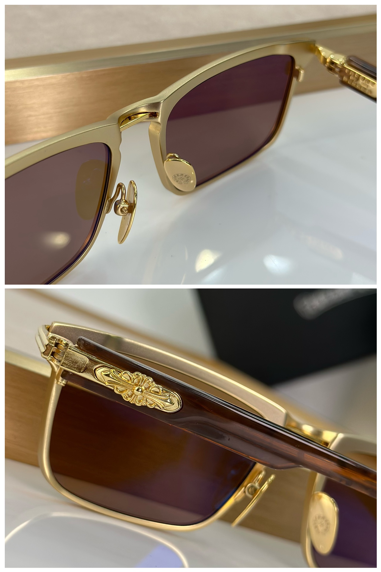 Chrome Hearts Rectangular Sunglasses with Gold Frame and Brown Lenses 8 i1711275279 5827 0