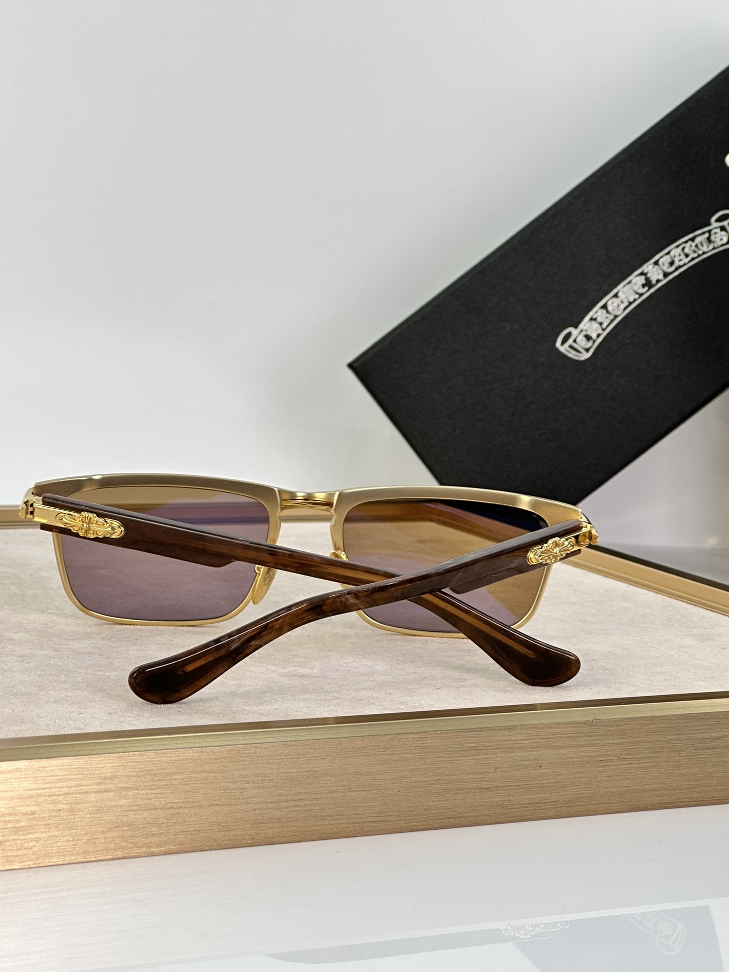 Chrome Hearts Rectangular Sunglasses with Gold Frame and Brown Lenses 10 i1711275279 7695 1