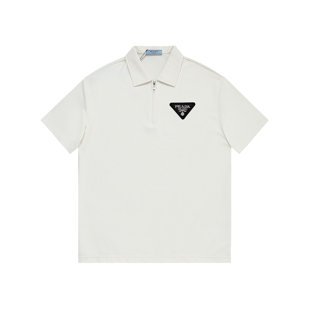 Prada* corte holgado M-3XL, polo de cuello vuelto con mangas cortas de gofré, etiqueta de manga bicolor negro y color d…