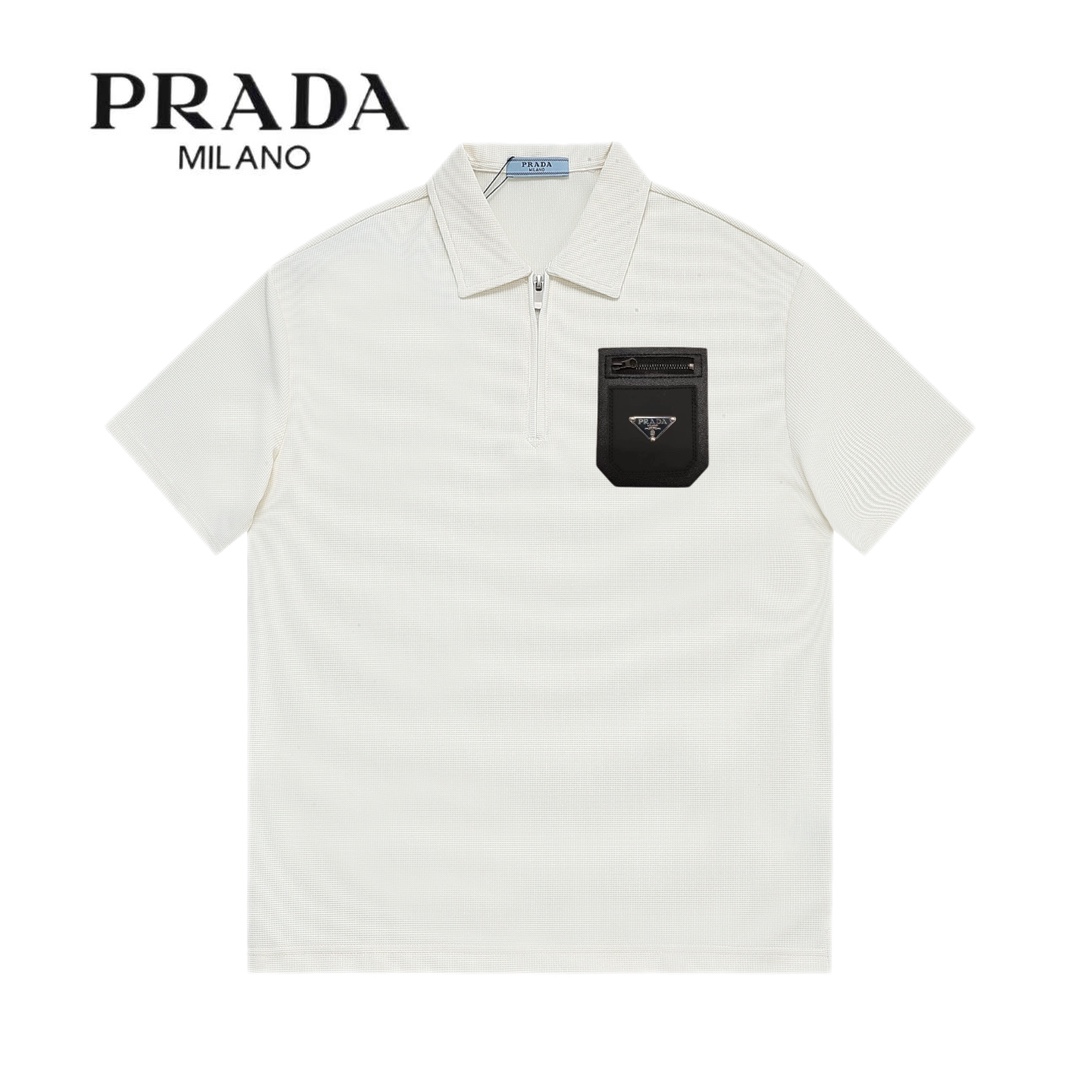 Prada* corte holgado M-3XL, polo de cuello vuelto con mangas cortas de gofré, etiqueta de manga bicolor de primera cali…