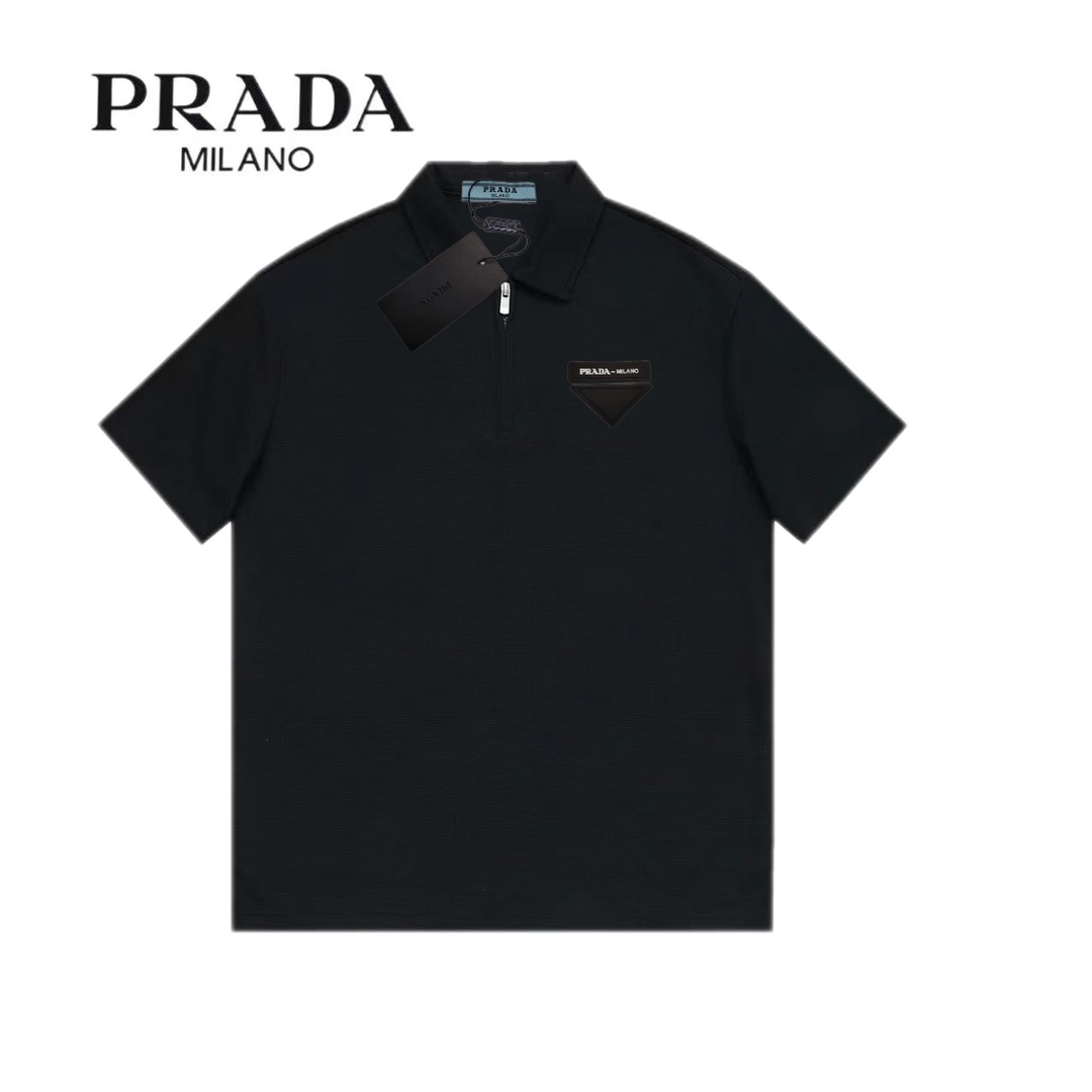 《PRADA~Prada》 corte holgado M-3XL, polo de manga corta de gofre de primera calidad con mangas de doble color y etiqueta…