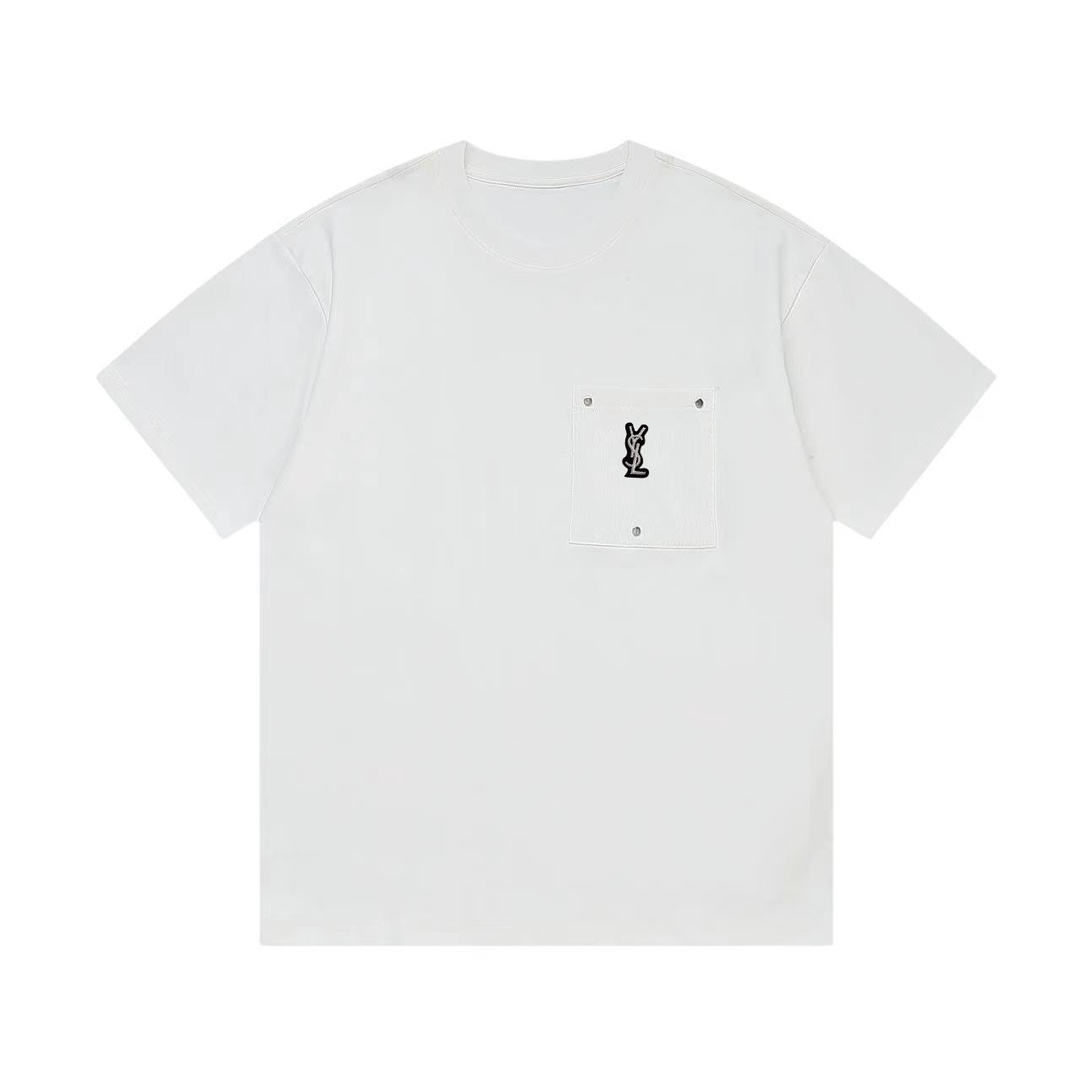Saint Laurent, tres etiquetas completas, versión de alta calidad, manga corta de cuello redondo para hombre d…