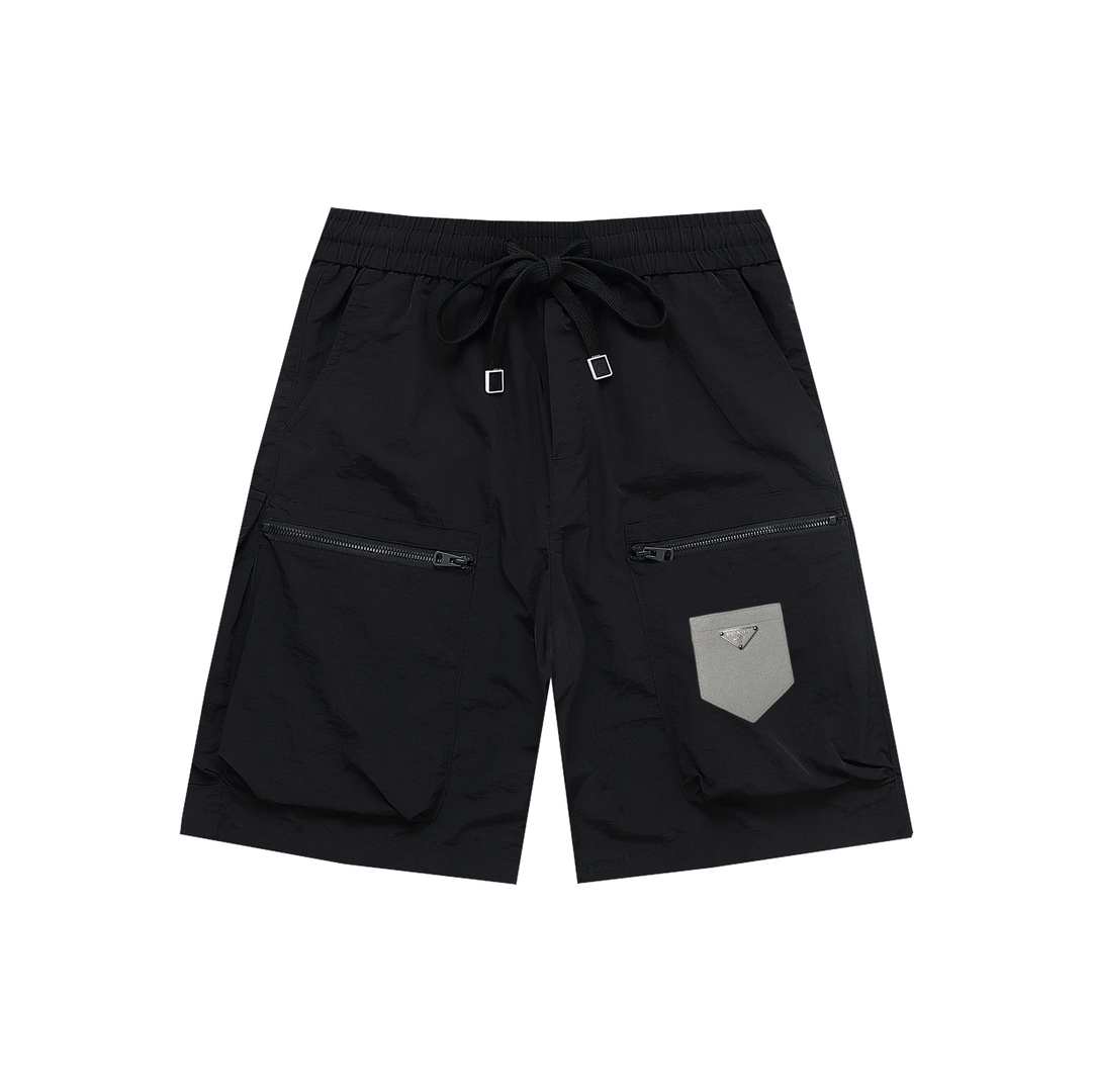 Pr*da普*达 2024 primavera-verano, pantalones cortos casuales de estilo de trabajo con doble bolsillo y cintura elástica, …