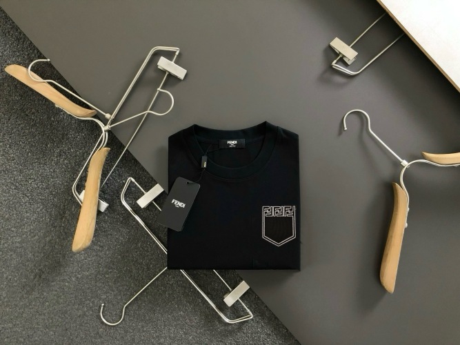Fendi Men's Black Cotton T-Shirt with FF Logo Pocket - Short Sleeve 1 Fendi Men’s Black Cotton T-Shirt with FF Logo Pocket – Short Sleeve